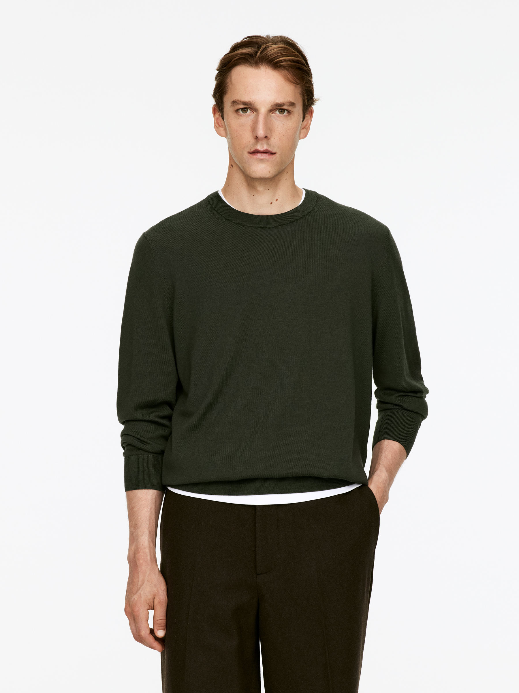 Fine-Knit Merino Jumper-#3A3931-10638