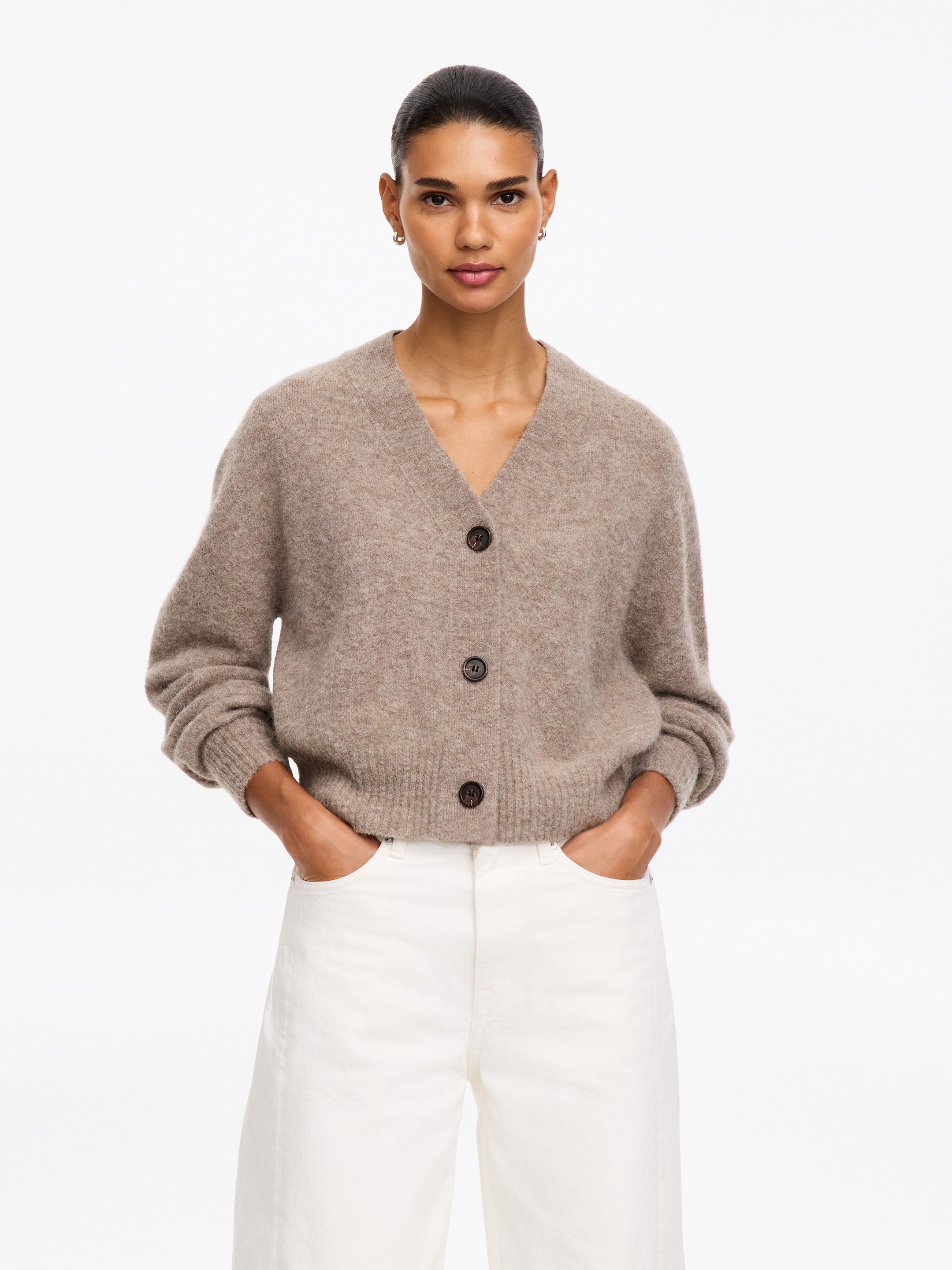 Alpaca-Wool Blend Cardigan-Beige-19720