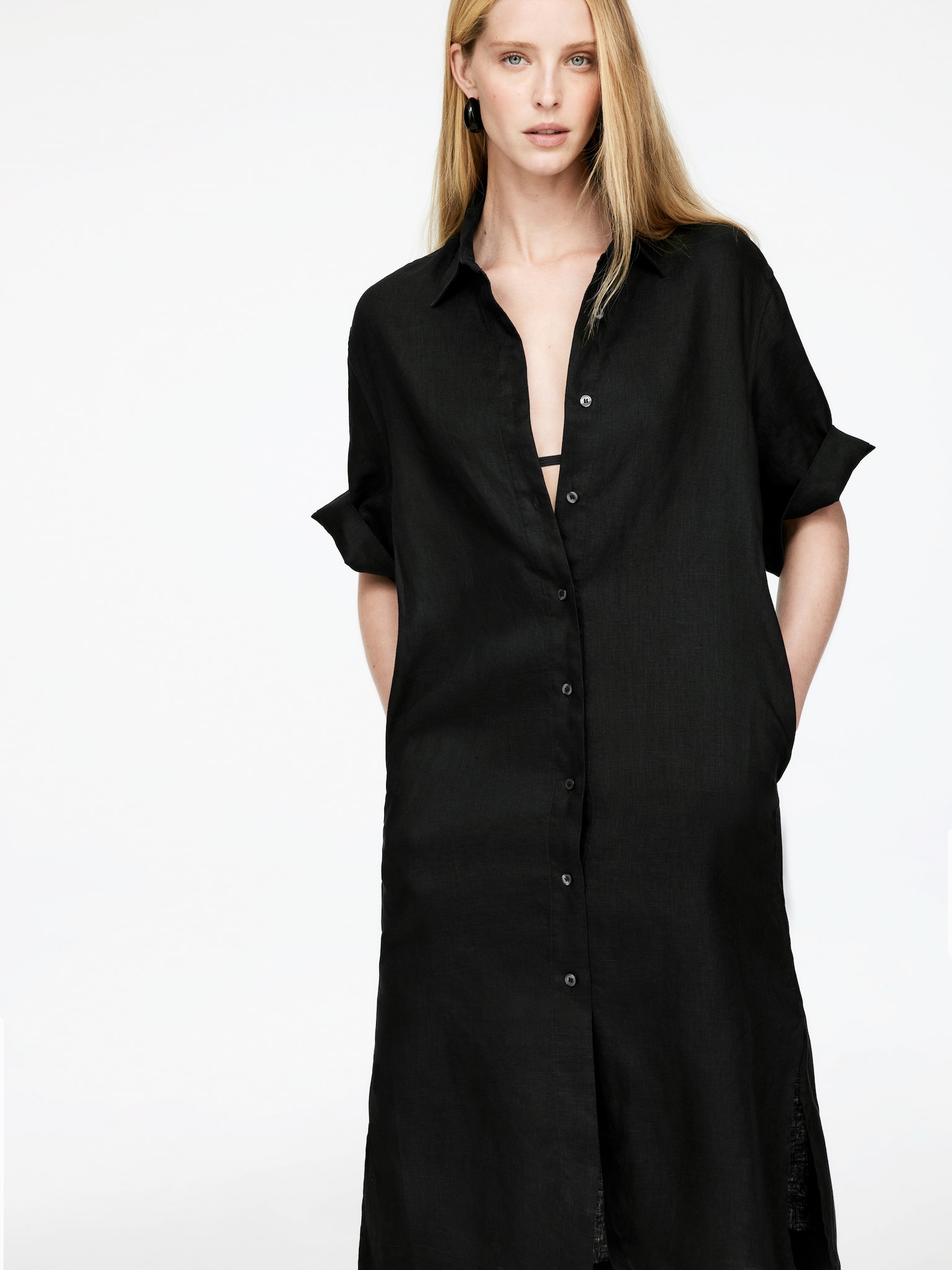 Robe chemise en lin - Noir/Bleu/Blanc - 7