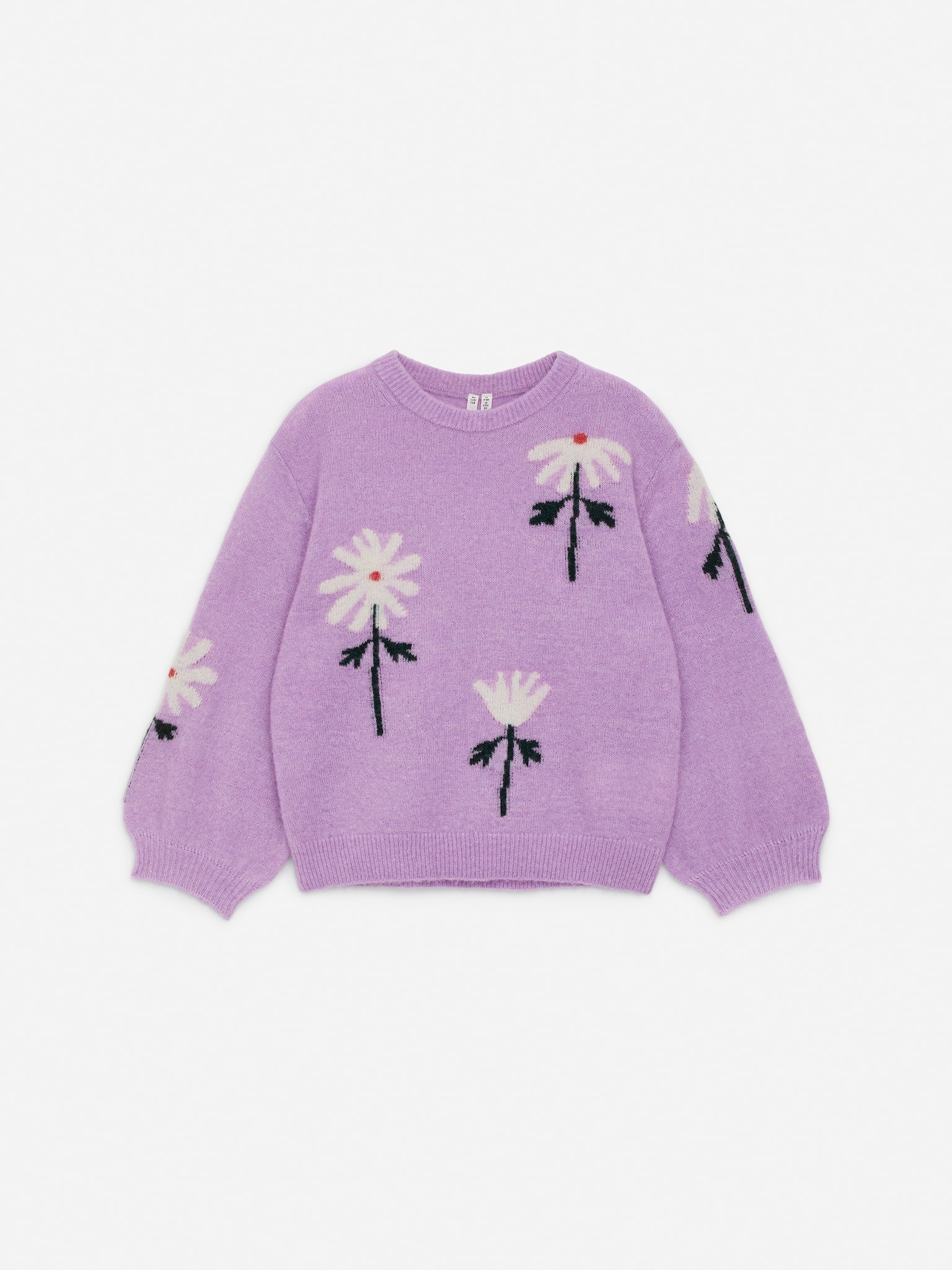 Strickpullover mit Intarsien - Flieder/Gänseblümchen/Grün/Herzen in Flieder