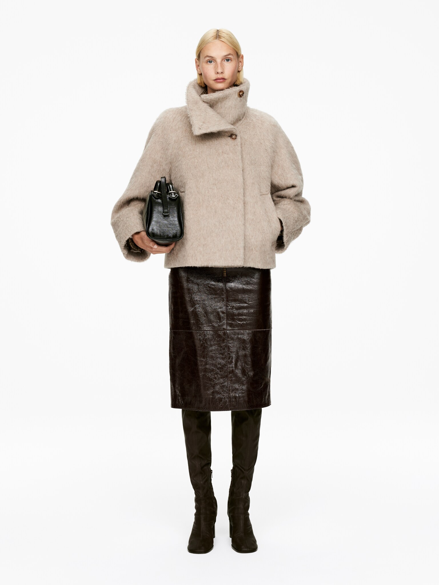 Funnel-Neck Wool-Alpaca Blend Jacket - Mole/Black