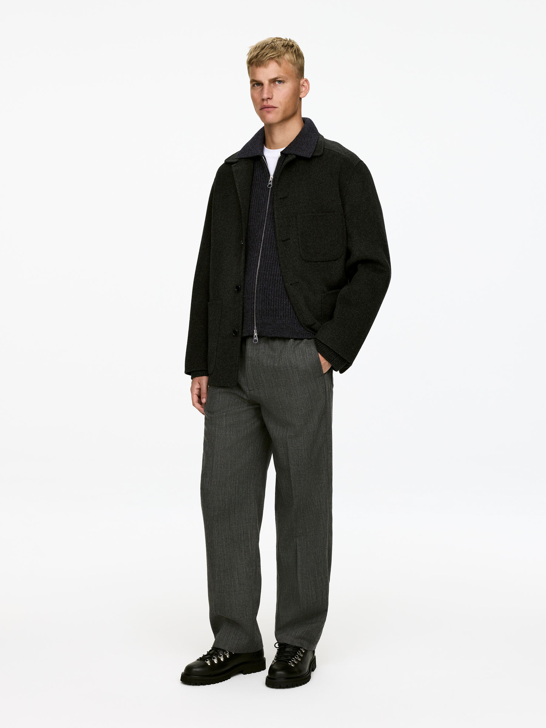 Wool Cotton Zip Cardigan - Dark Grey - Loose fit - Men - StillMedia/Lookbook - 4