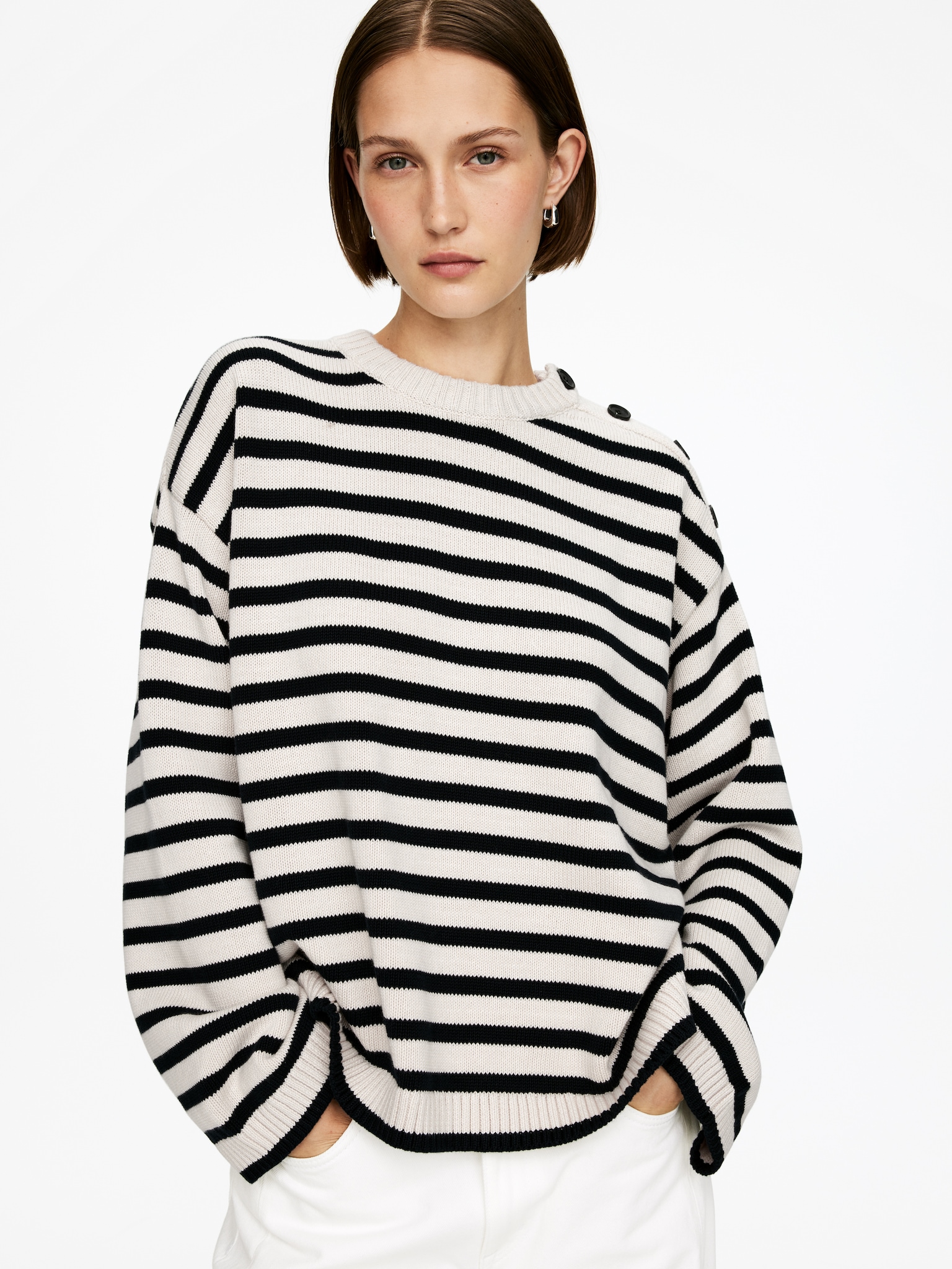 Oversized Cotton Jumper - Beige/Black - 6