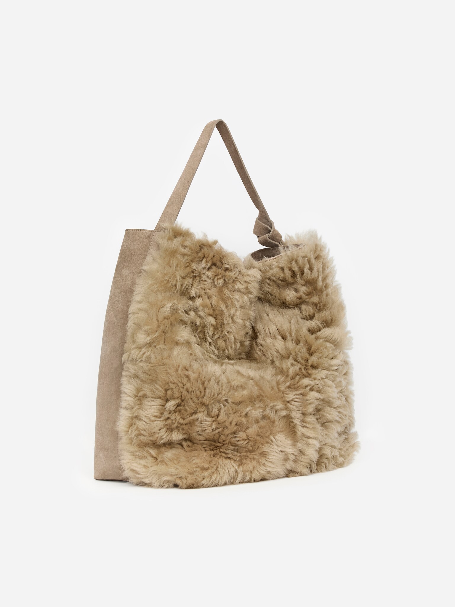 Sac cabas en daim et peau lainée - Beige - 8