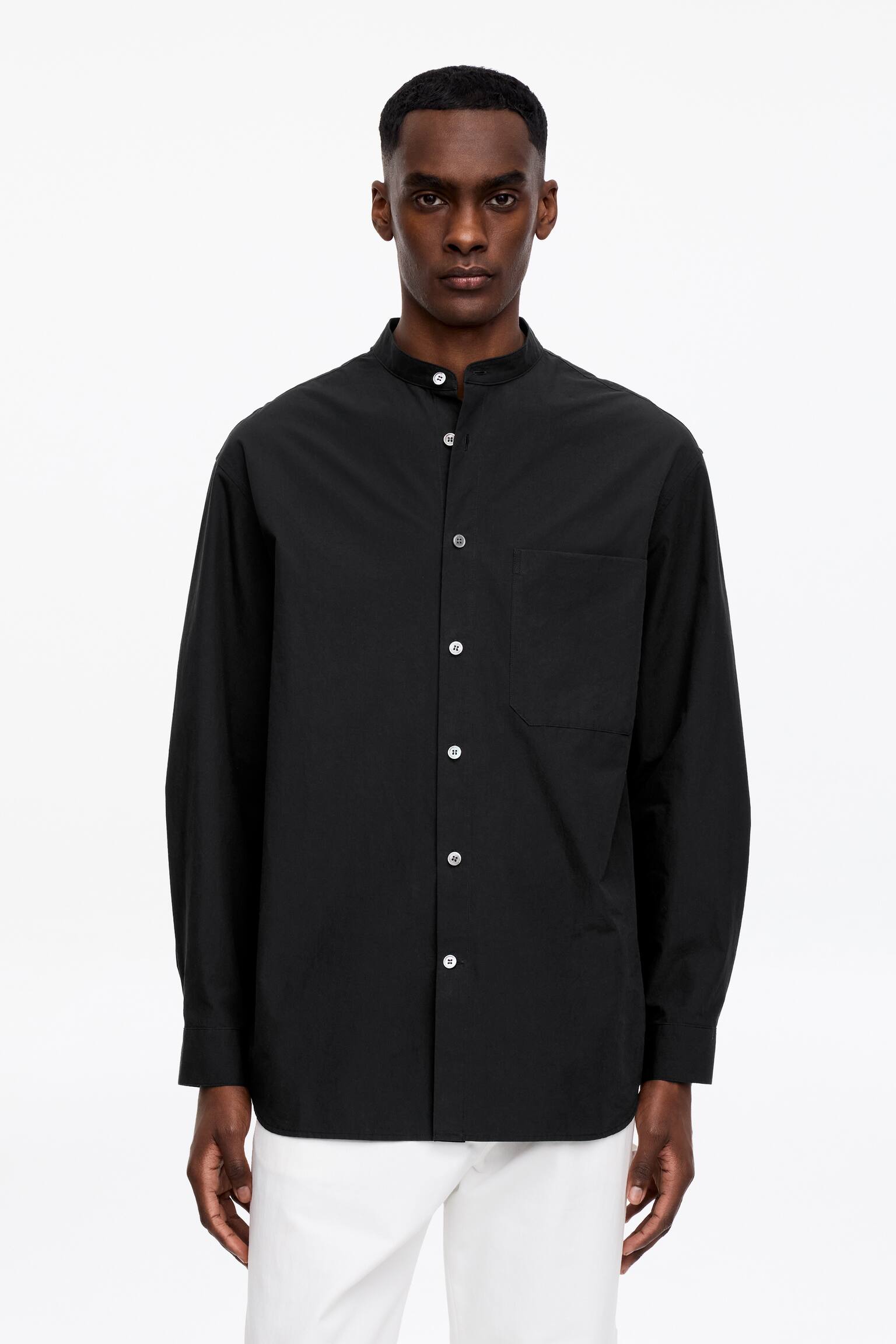 Camicia in popeline con colletto alla coreana - Nero/Bianco sporco - 1
