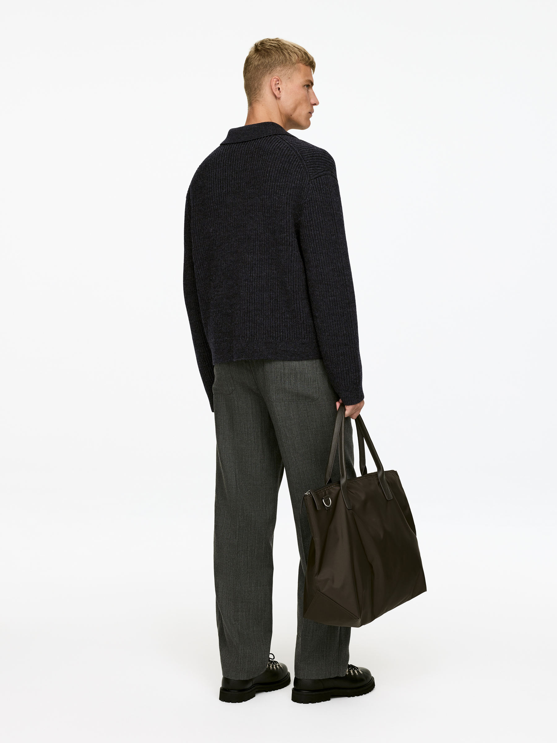 Wool Cotton Zip Cardigan - Dark Grey - Loose fit - Men - StillMedia/Lookbook - 3