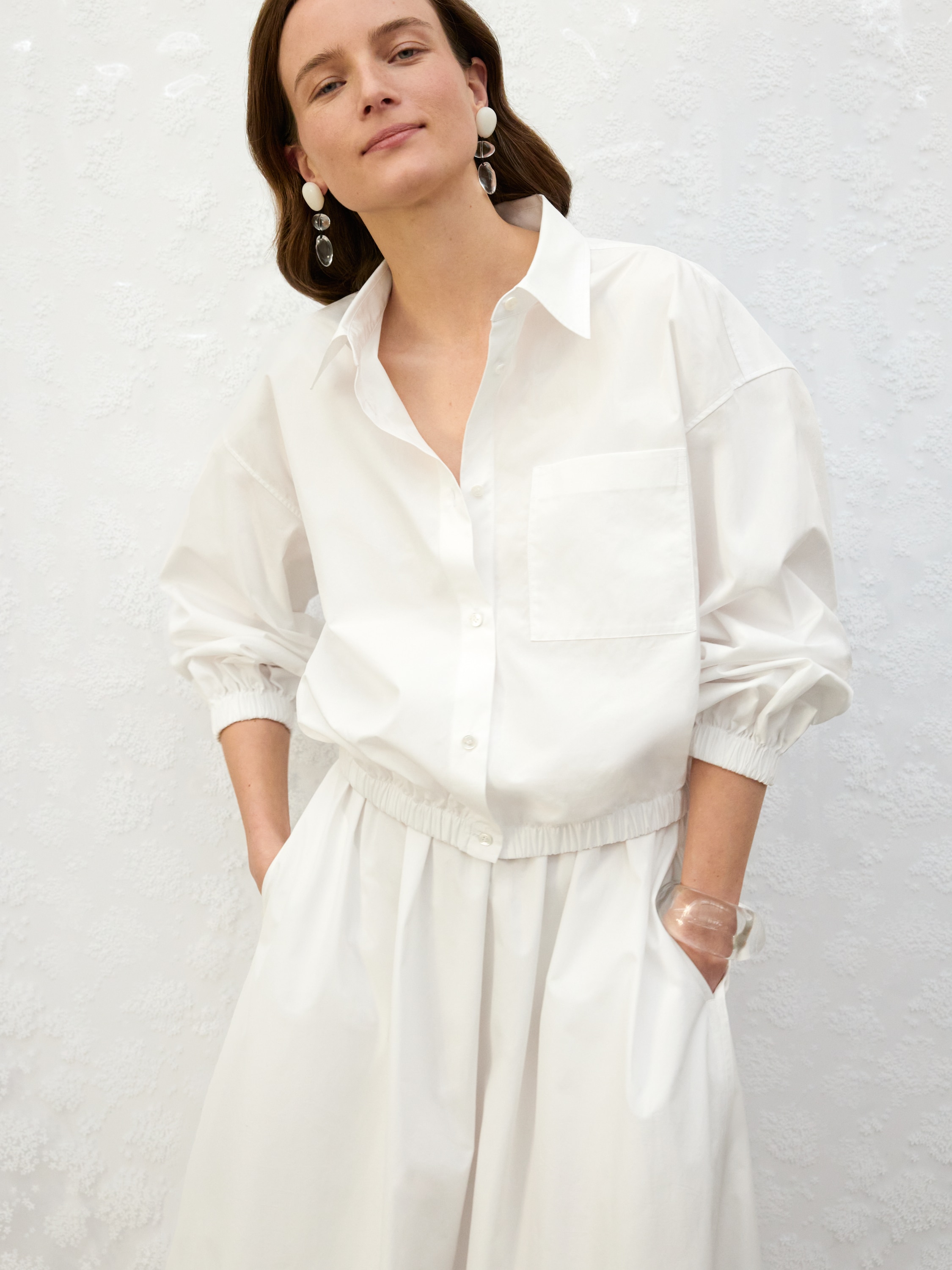 Camicia cropped in cotone - Bianco/Marrone