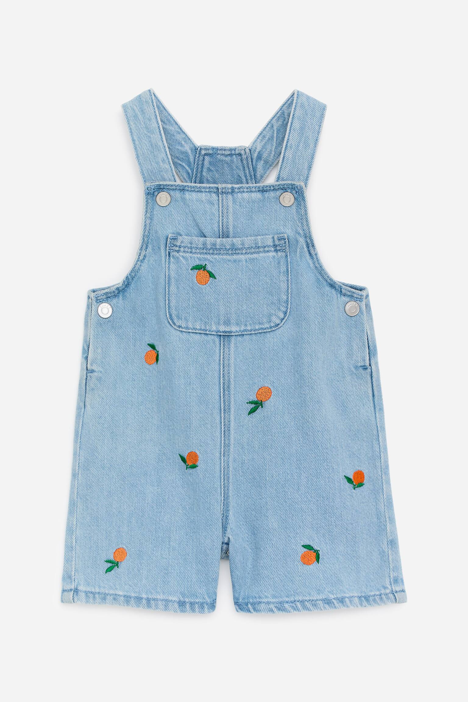 Embroidered Denim Dungaree Shorts - Blue/Oranges - 1