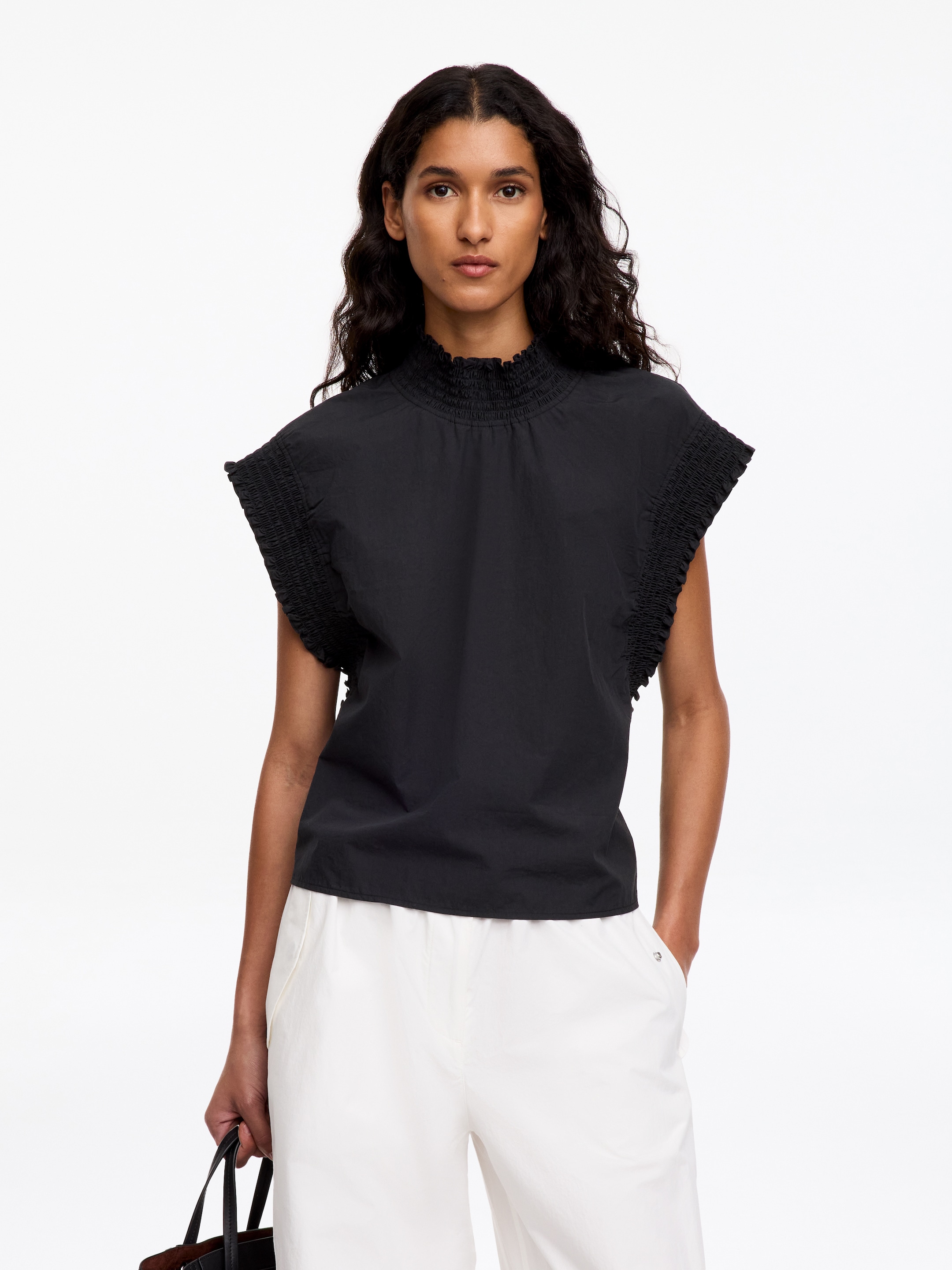 Smocked Cotton Poplin Top-Black-20194