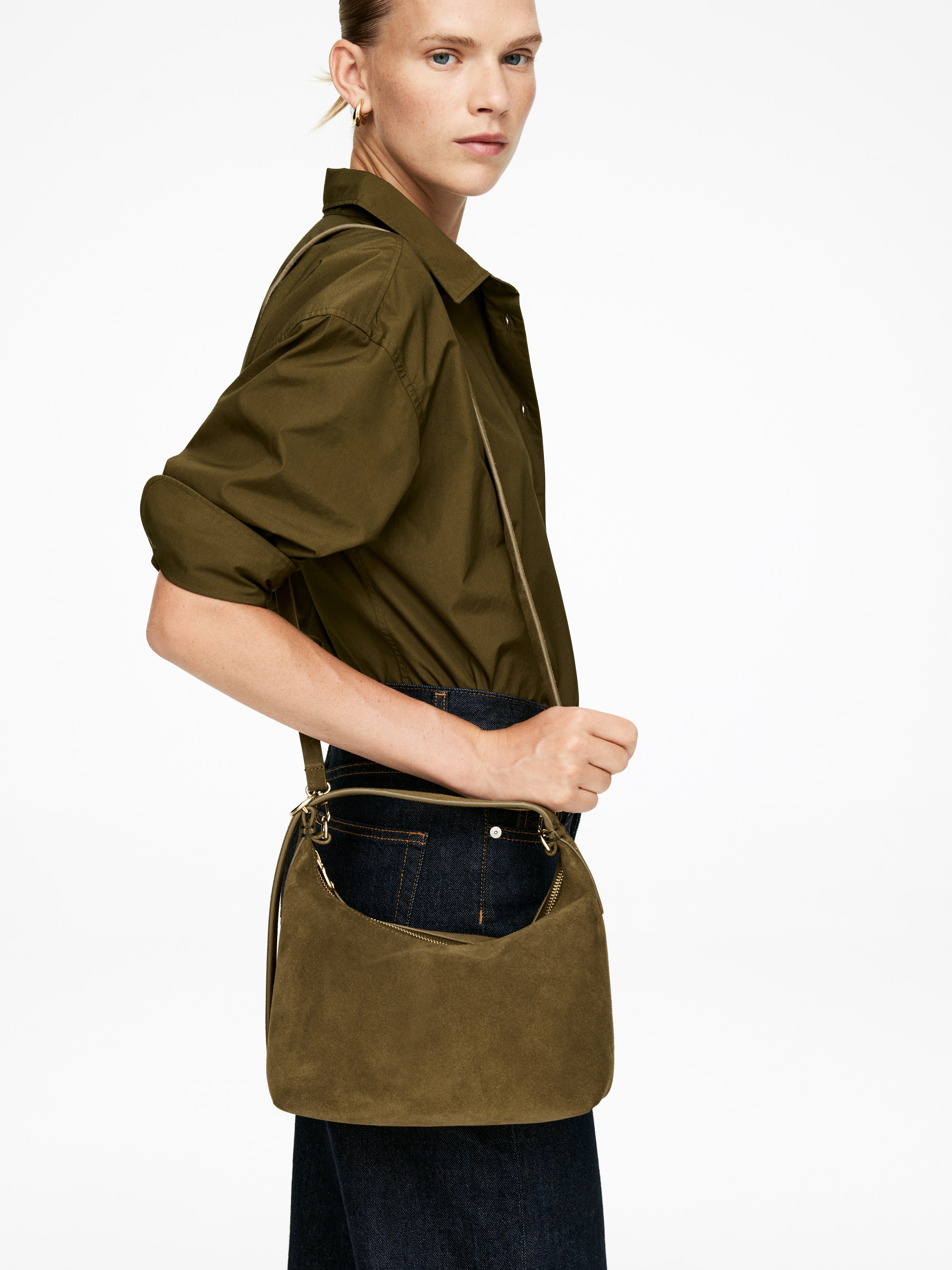 Veloursledertasche - Khaki/Braun