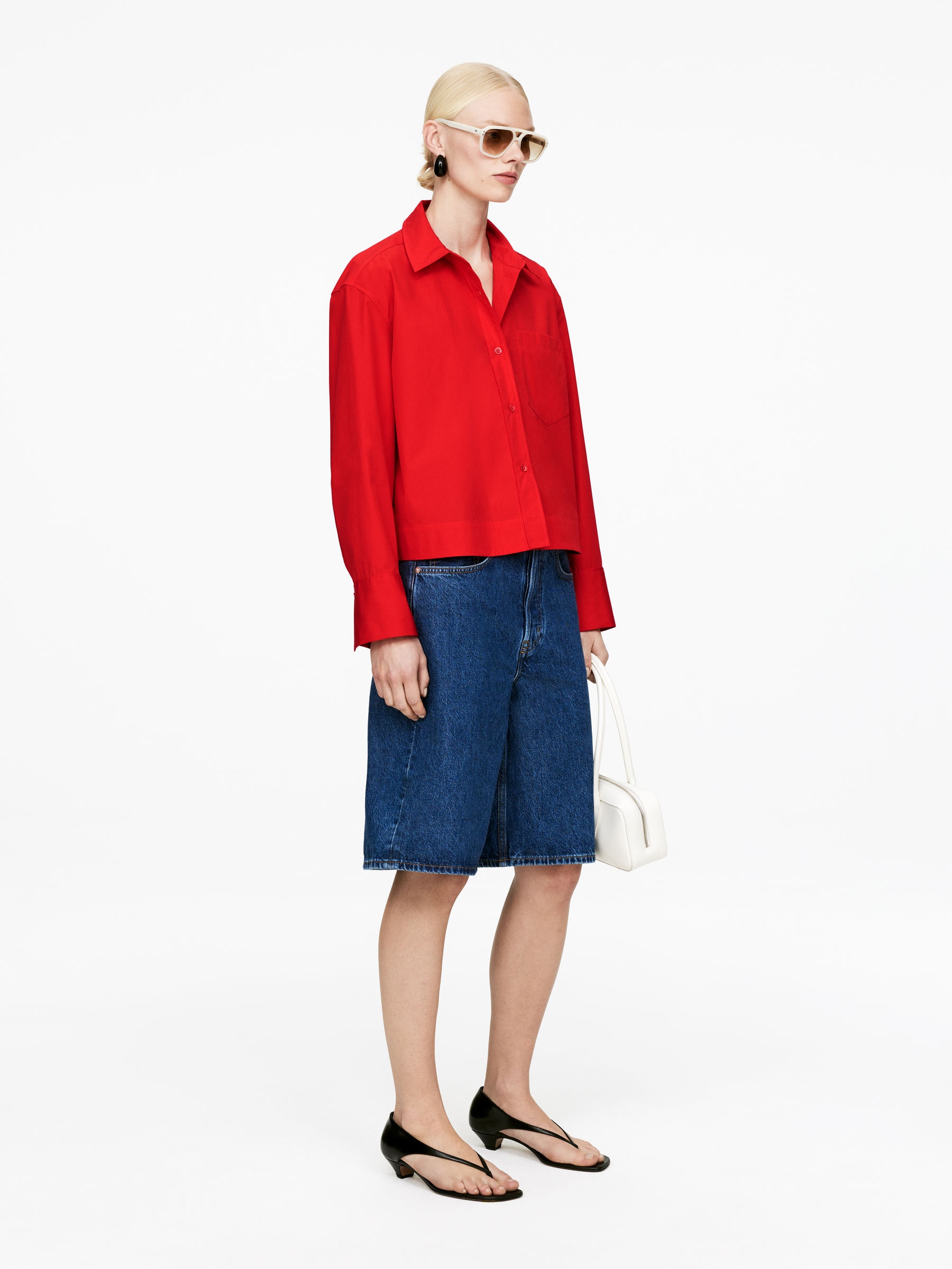 Cropped Cotton Shirt - Red - Regular fit - Women - StillMedia/Lookbook - 7