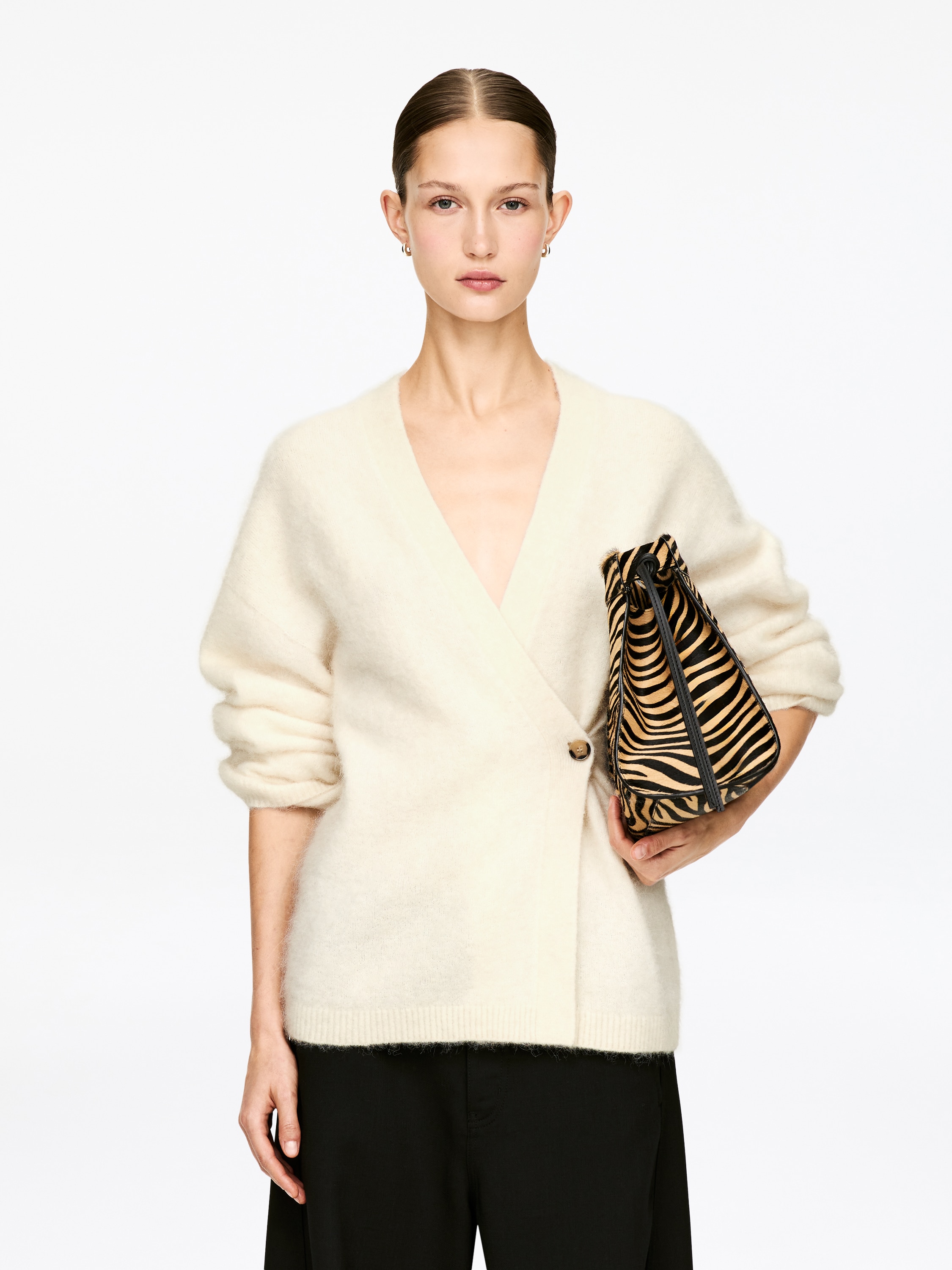 Cardigan i en blend af alpaka og uld - Råhvid/Mørkebrun