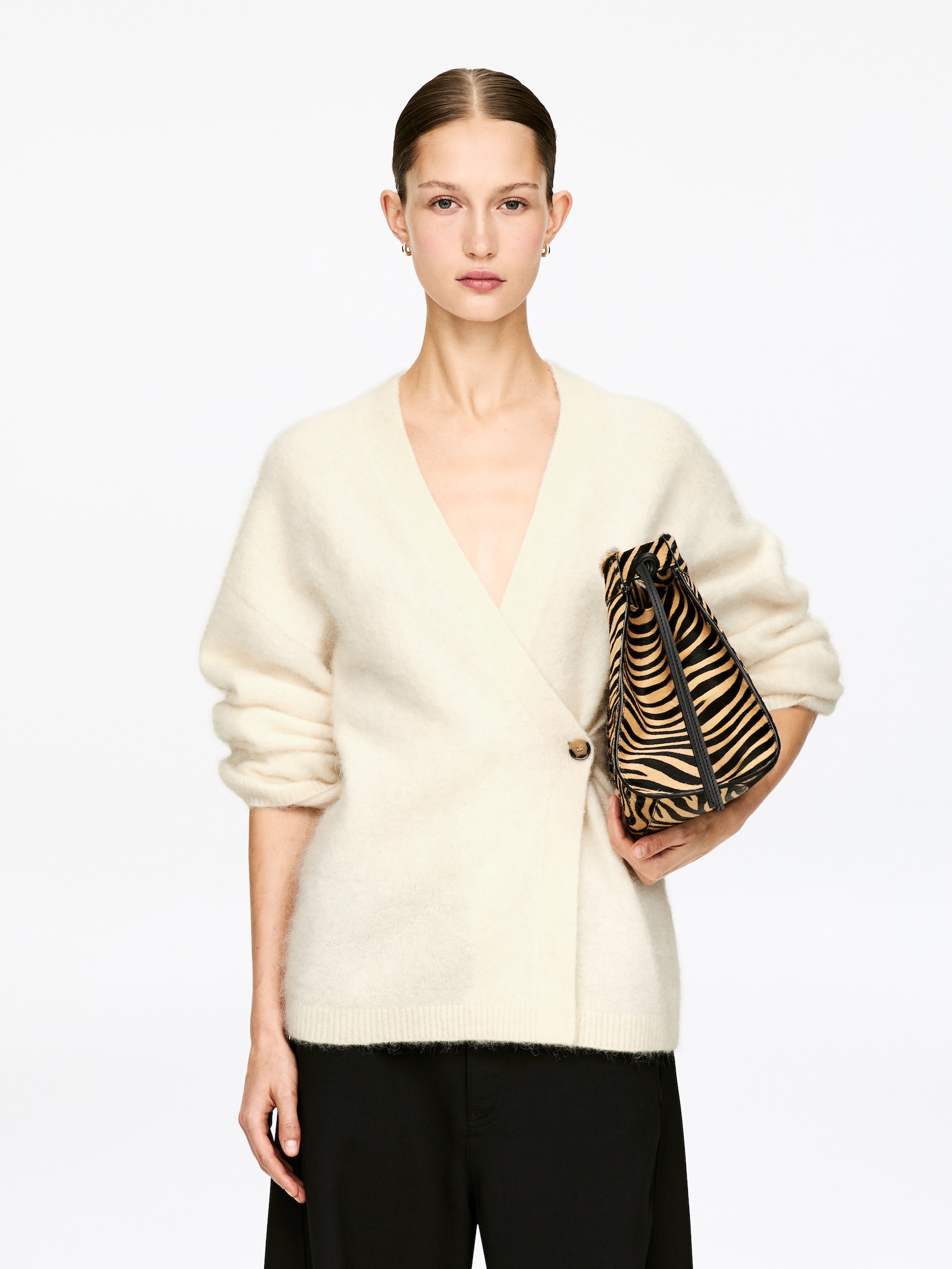 Cardigan en mélange de laine et d'alpaga - Blanc cassé/Dark Brown - 1