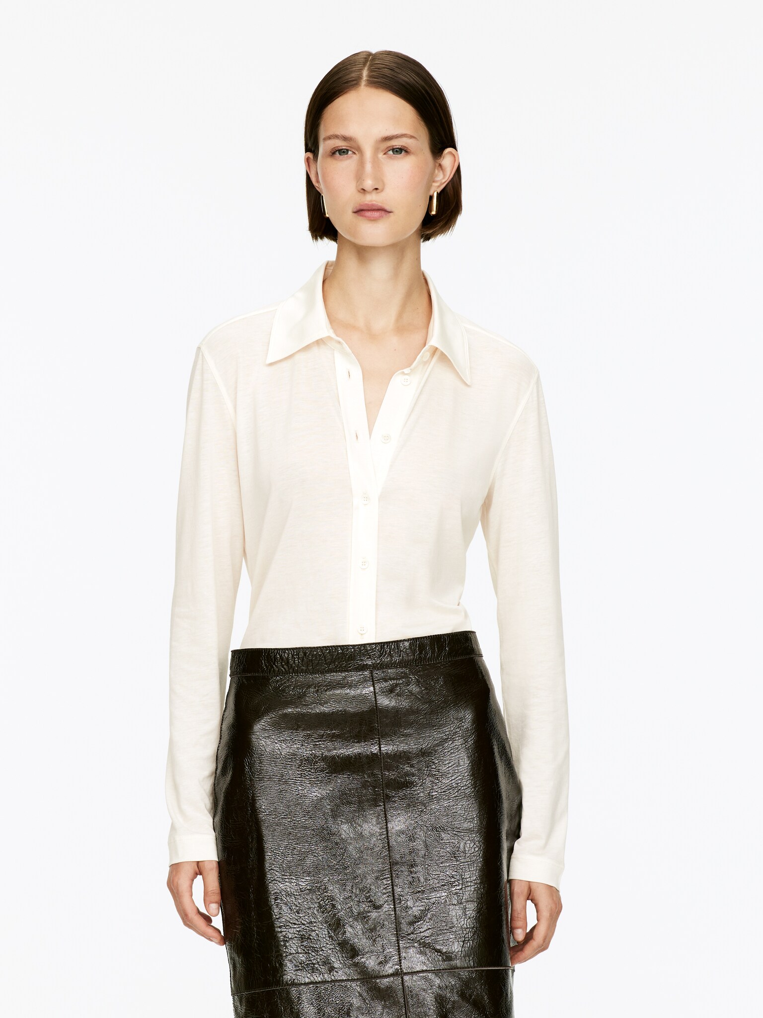 Camicia in misto lyocell - Bianco sporco/Nero
