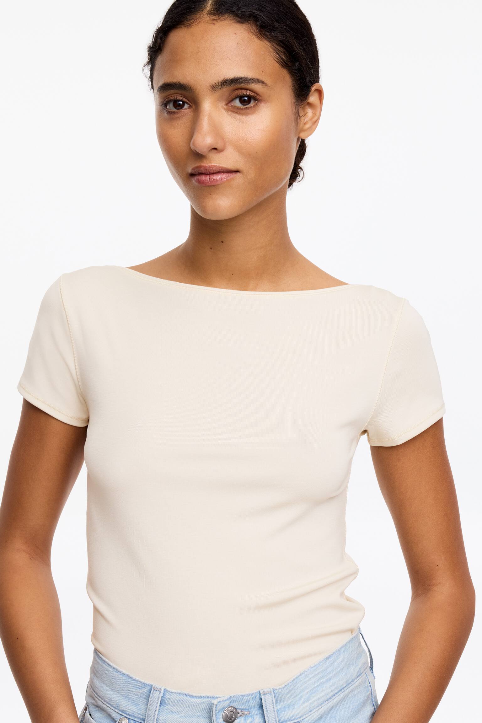 Tričko s lodičkovým výstřihem - Slonová Kost/Černá/Tmavě hnědá - 4