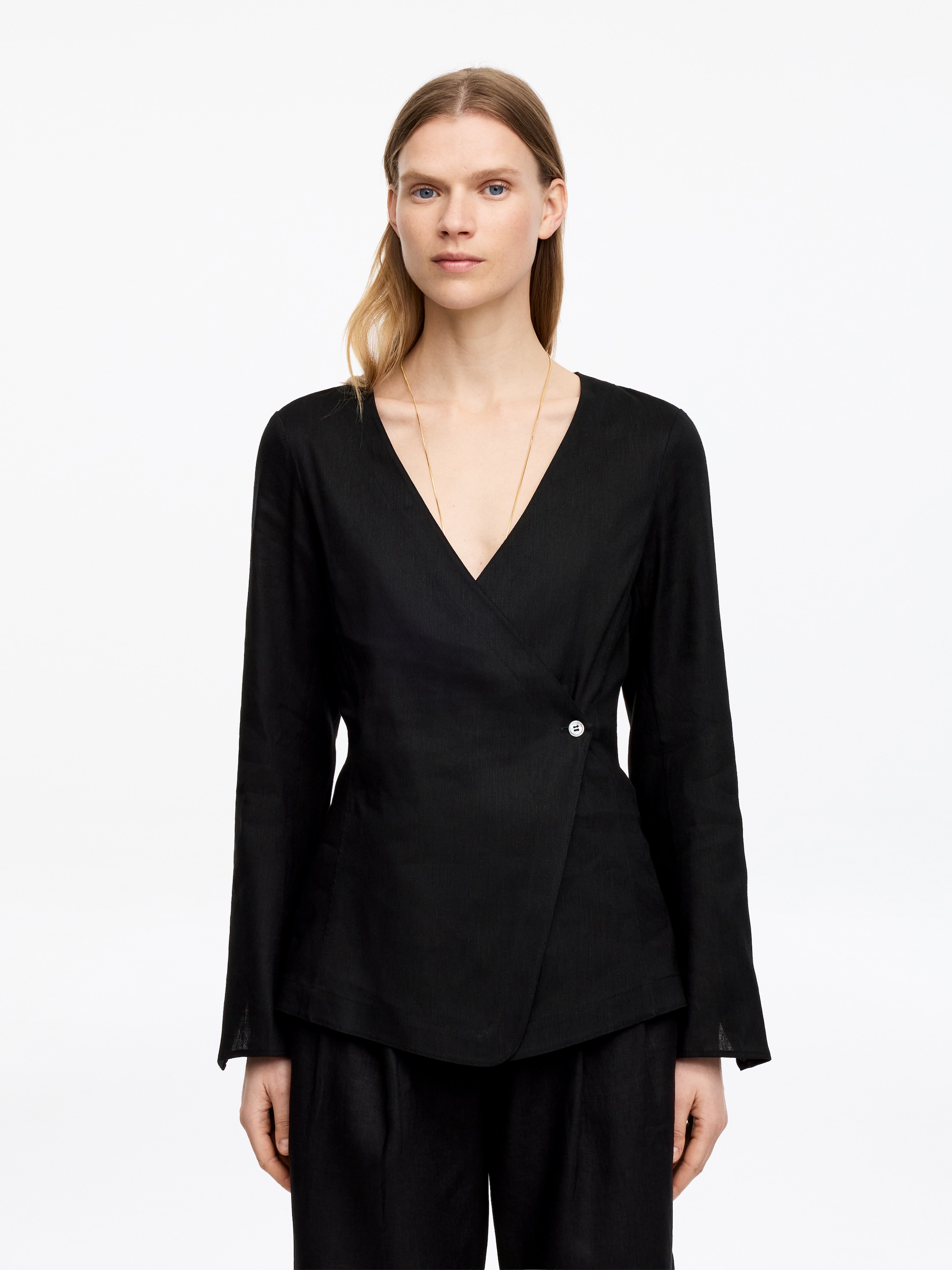 Linen Blend Wrap Blouse-#272627-19177