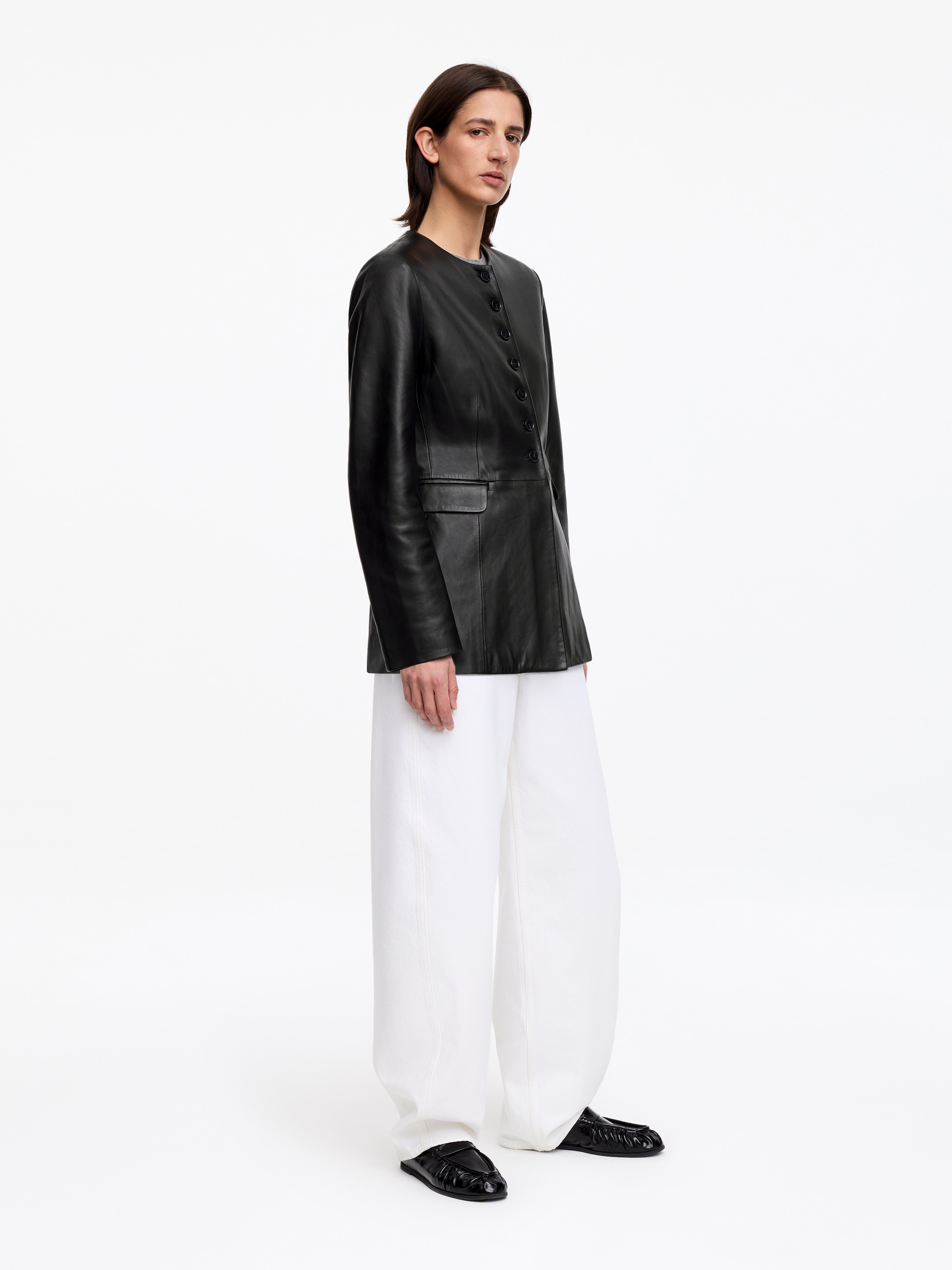 Collarless Leather Blazer - Black - Slim fit - Women - StillMedia/Lookbook - 9