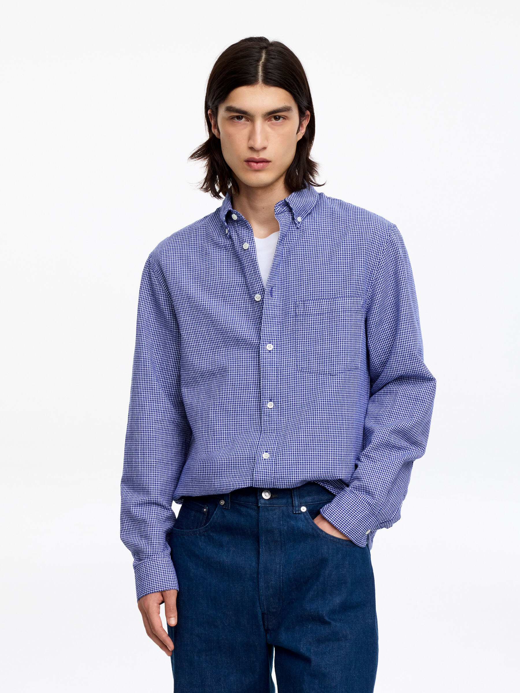 Relaxed Cotton Linen Shirt-#3C4372-19419