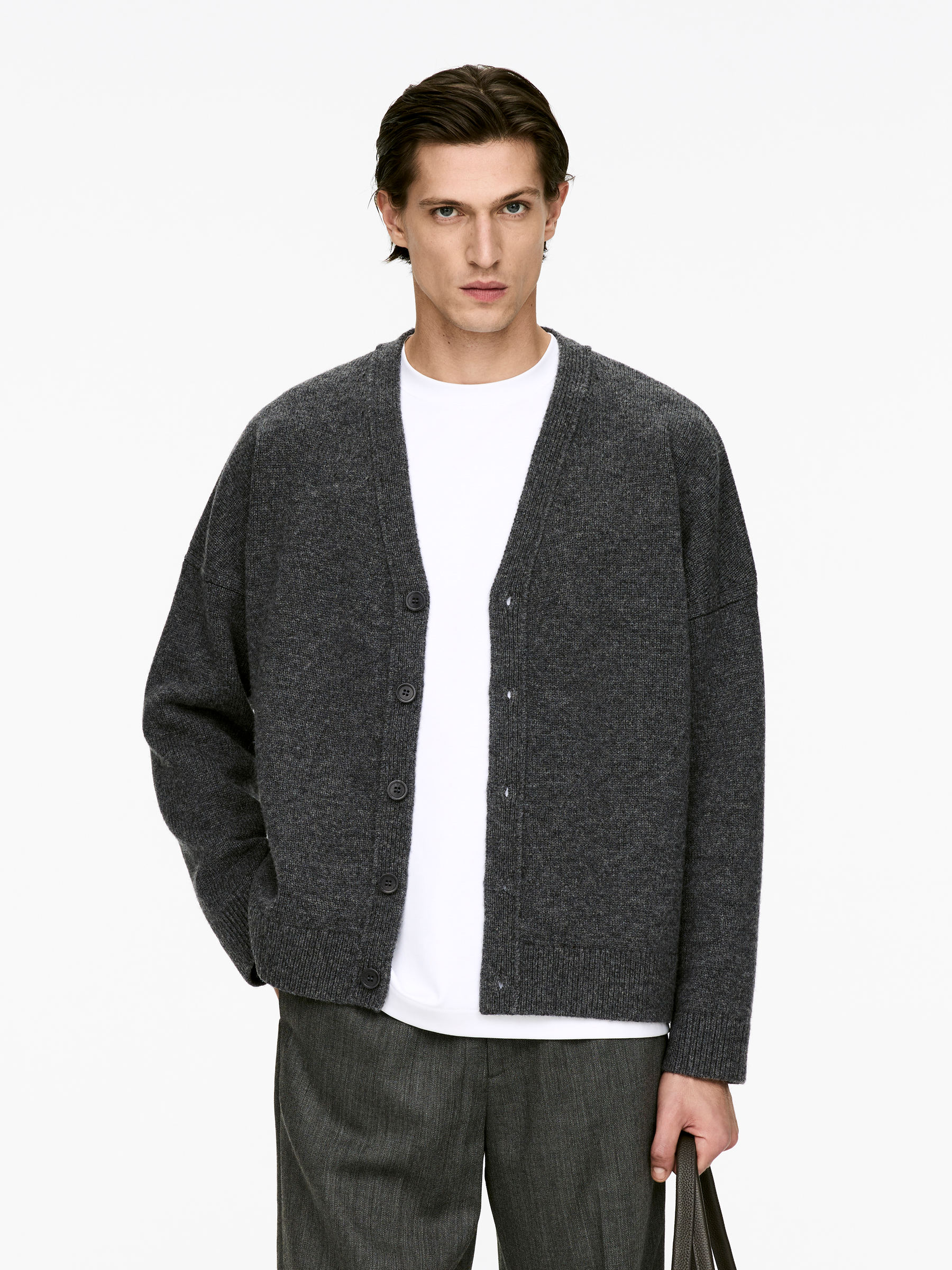 V-Neck Wool Cardigan-#505050-16645