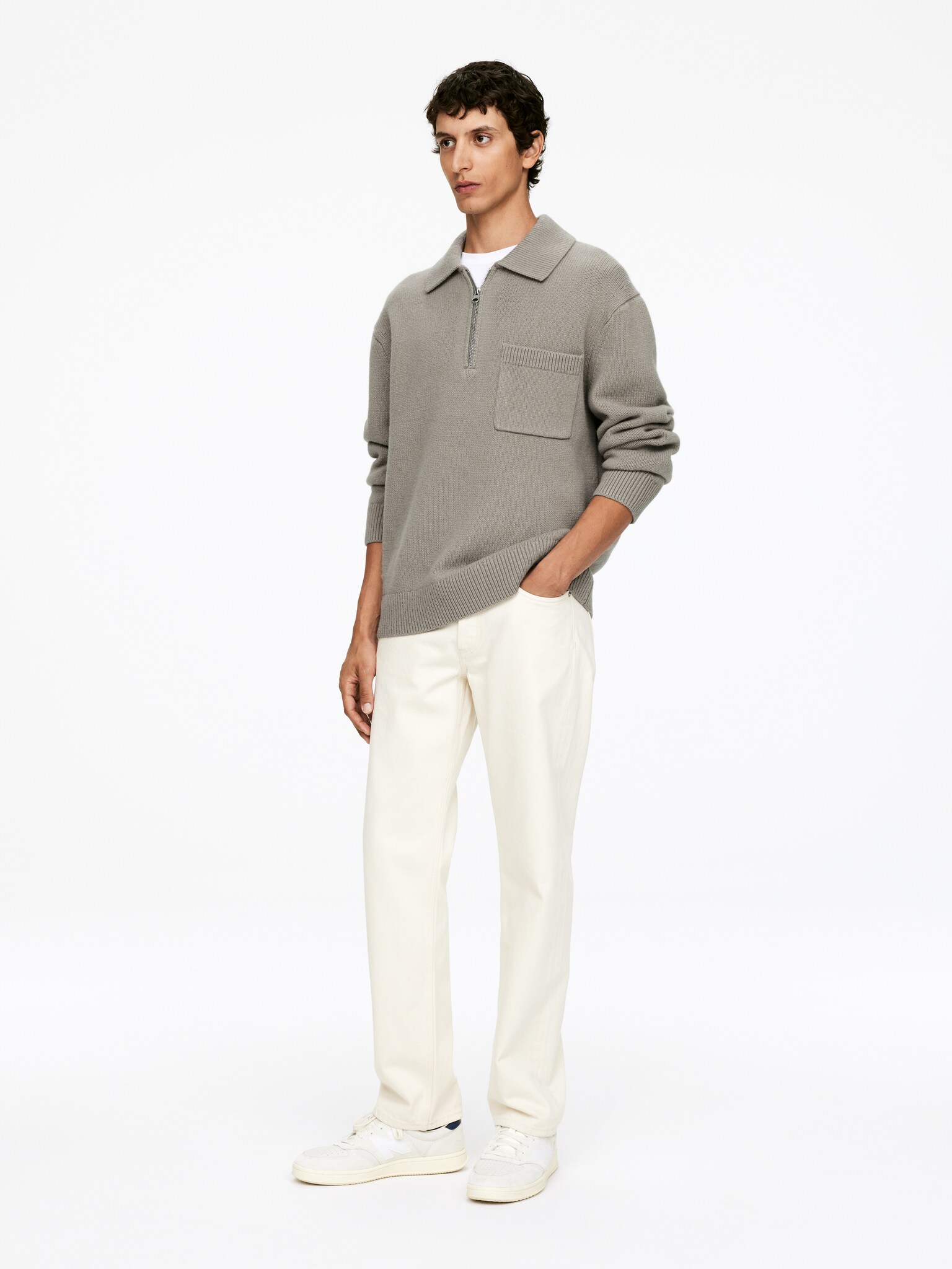 Gebreid wollen poloshirt met rits - Taupe/Zwart/Grijs/Donkergroen/Bruin - 3