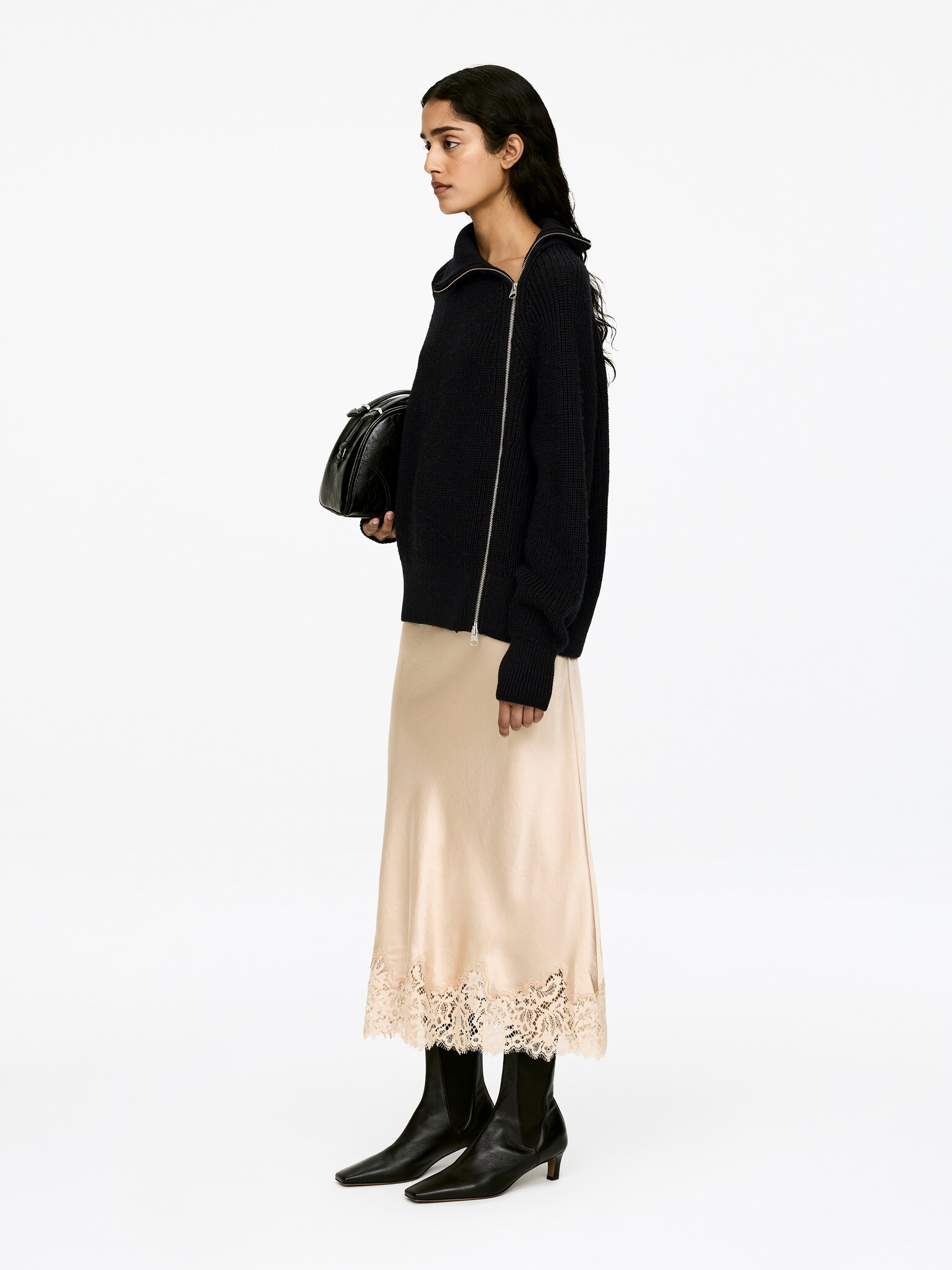 Wool-Blend Zip Cardigan - Black - 4