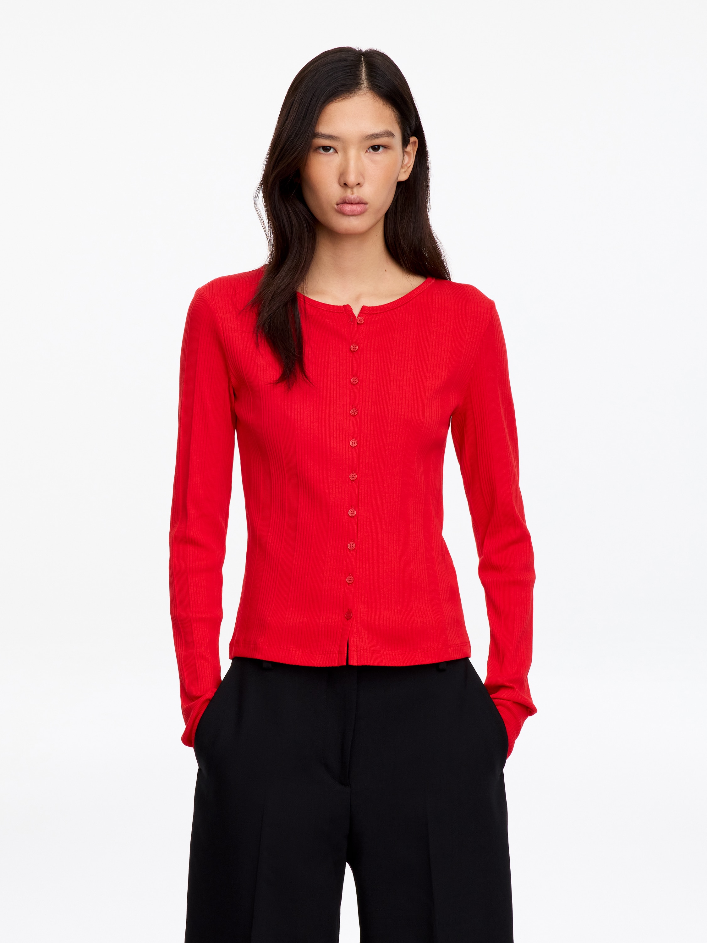 Camisola canelada com botões na frente - Vermelho/Branco sujo