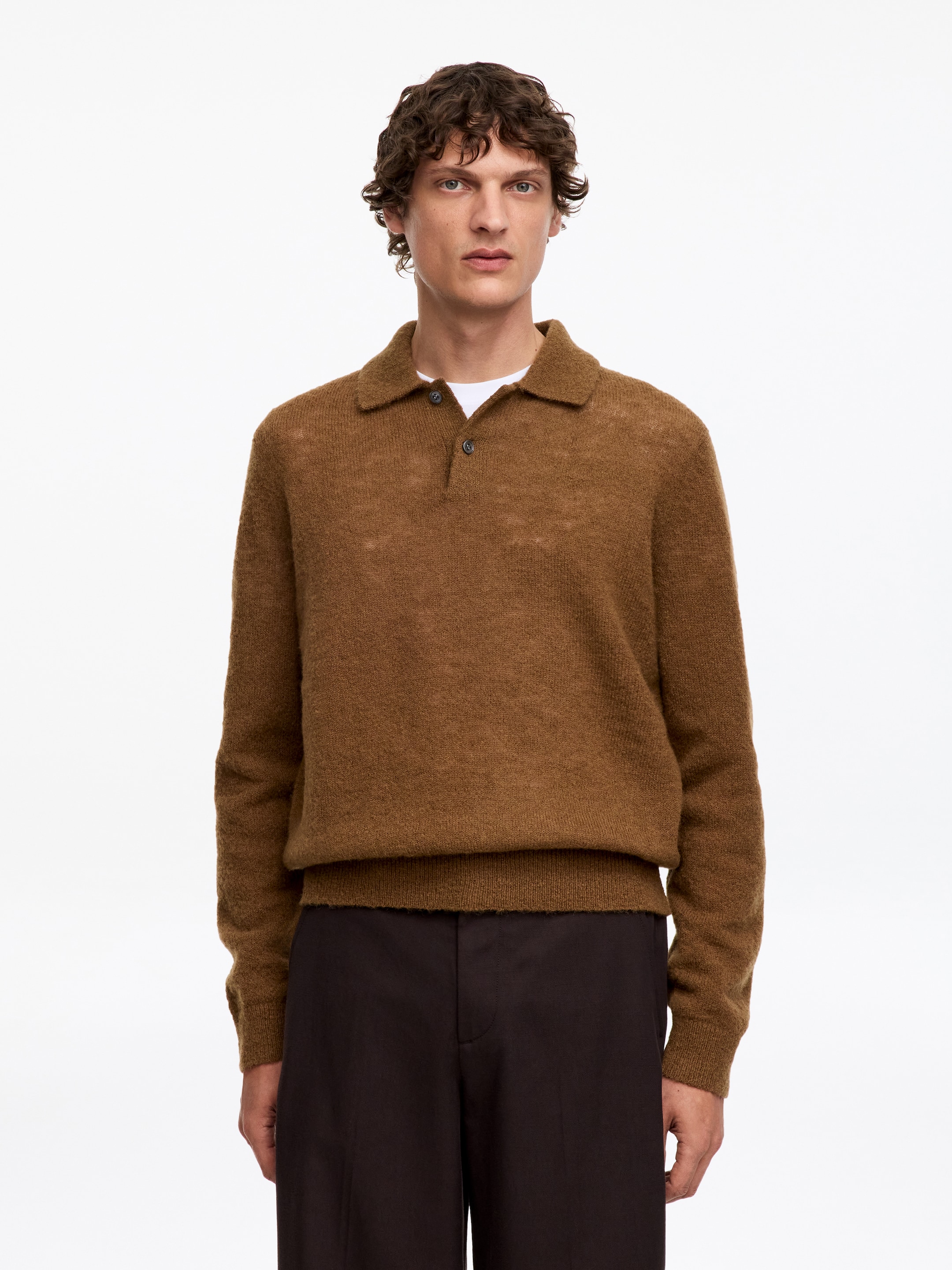 Strick-Poloshirt aus Wollmischung-Brown-19927