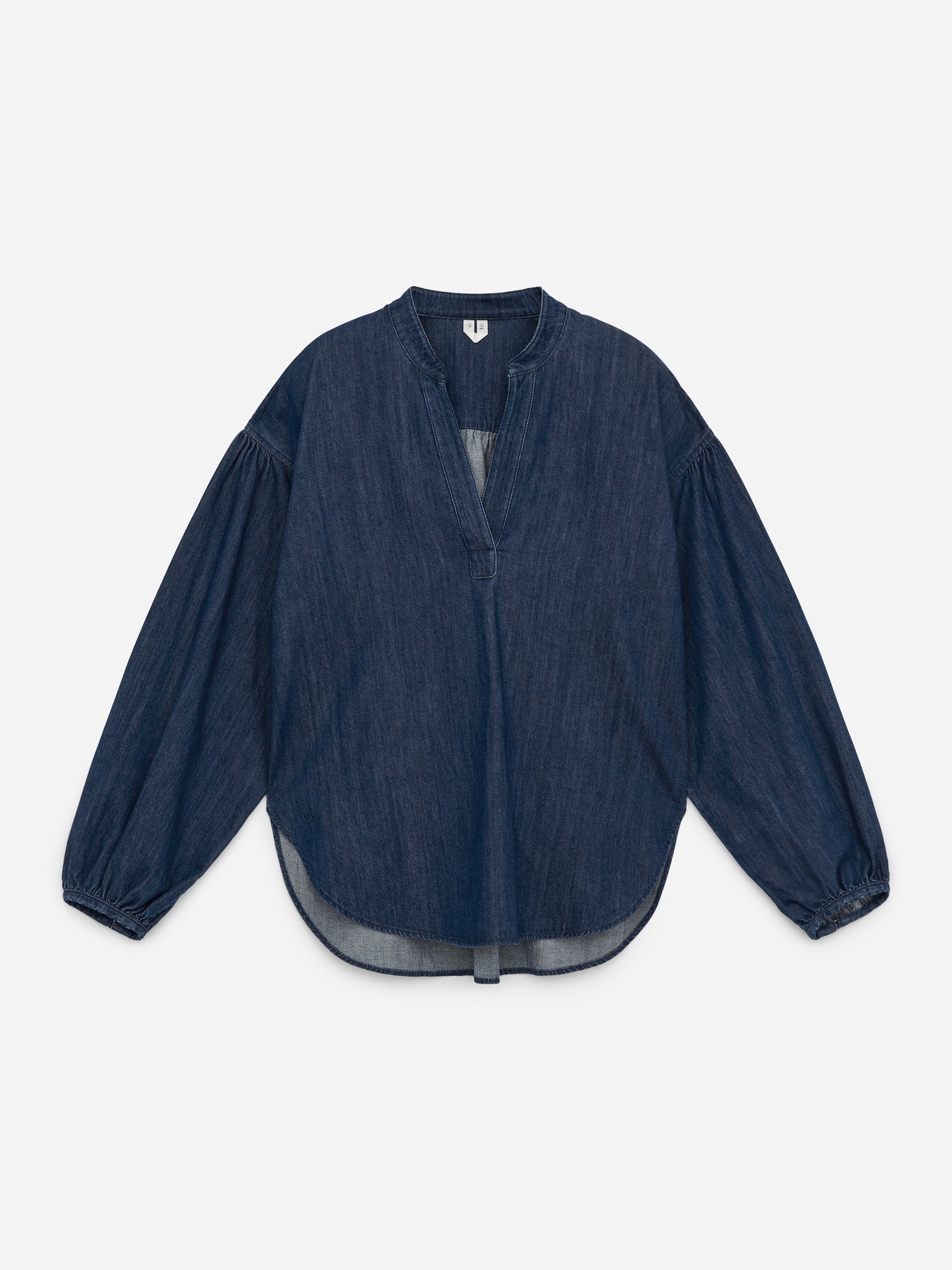 Volume-Sleeve Denim Blouse - Washed Blue