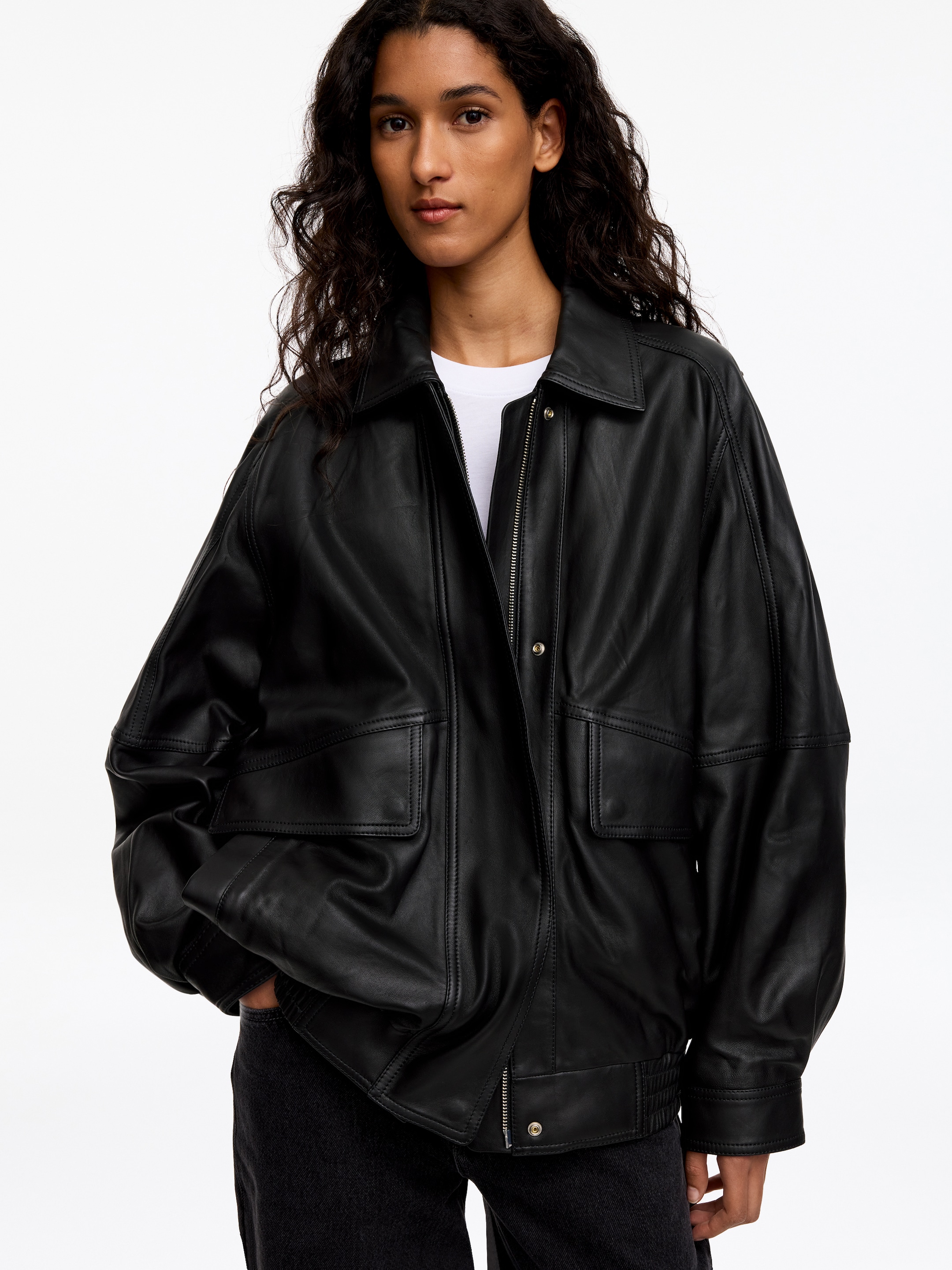 Relaxed Leather Jacket-Black-20772