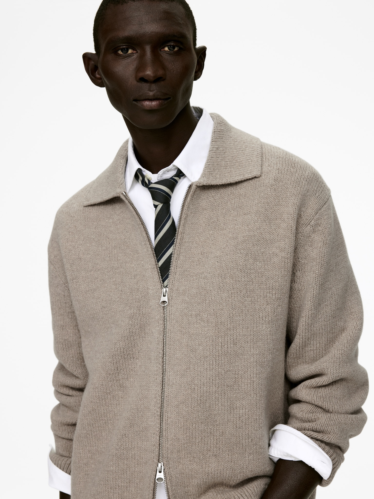 Ullcardigan med glidelås - Beige/Mørkebrun - 5