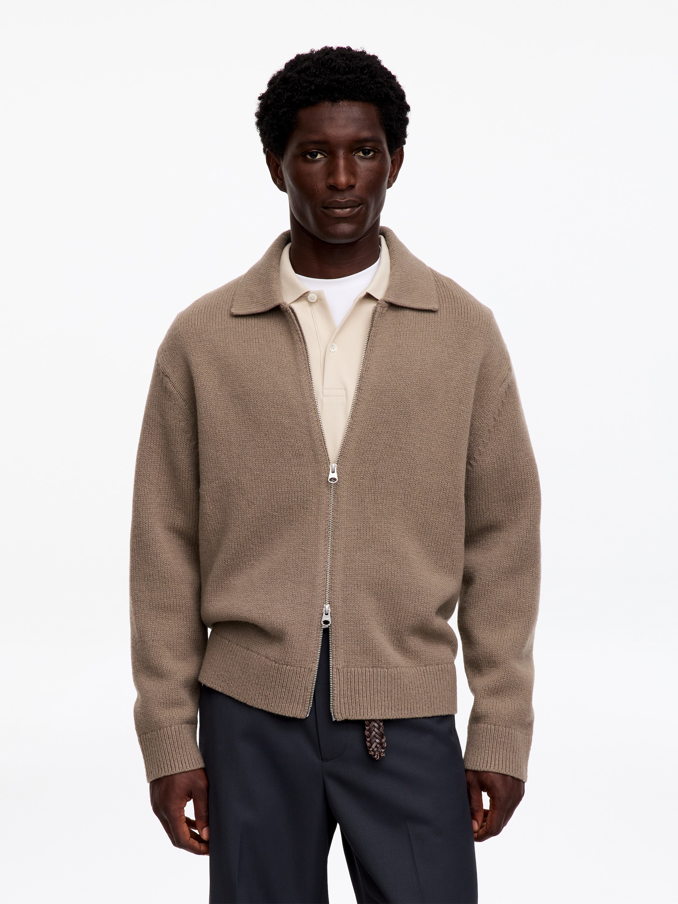 Zip Wool Cardigan-Beige-20366