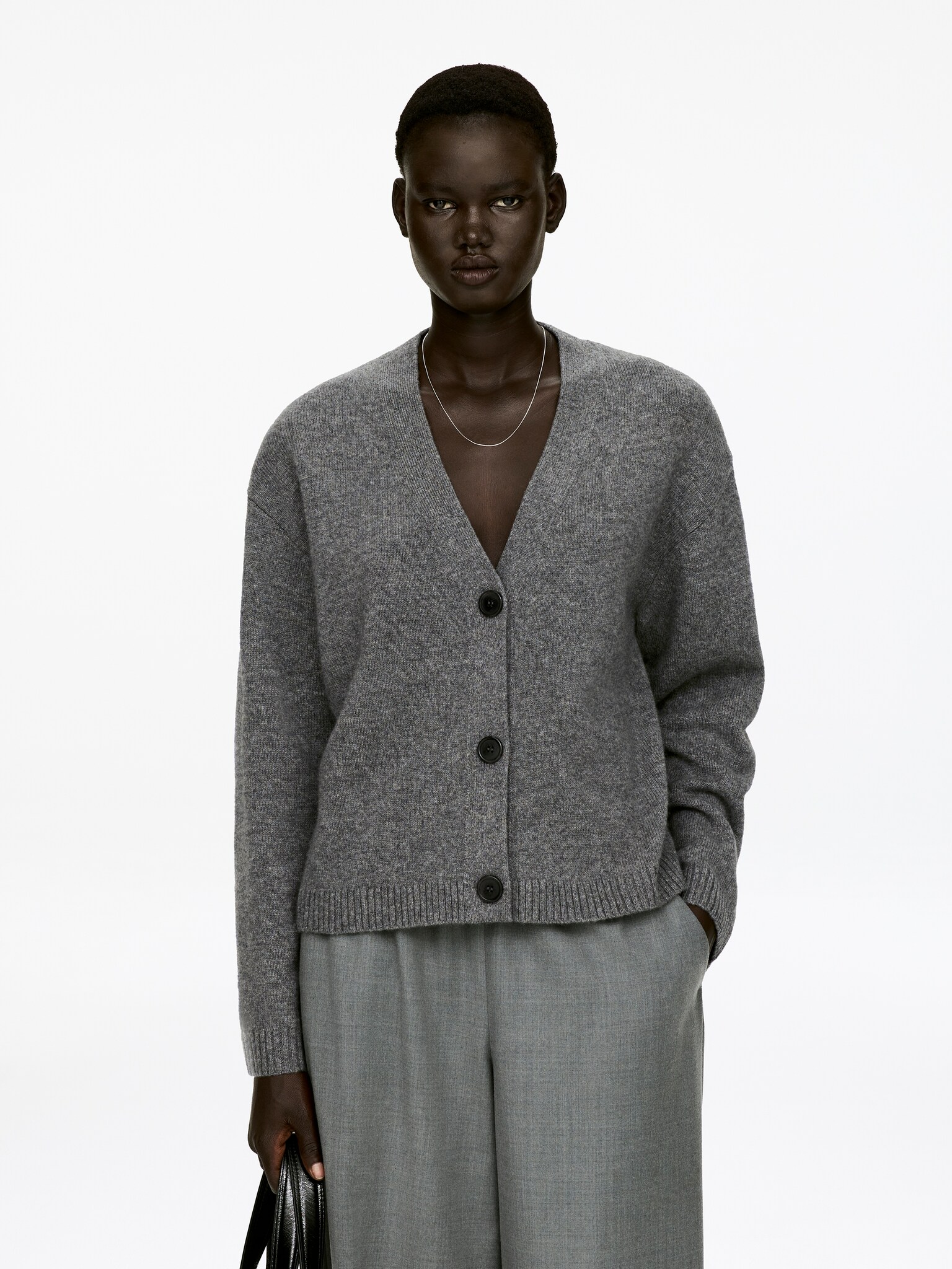 Cashmere-Wool Cardigan - Grey Melange/Black