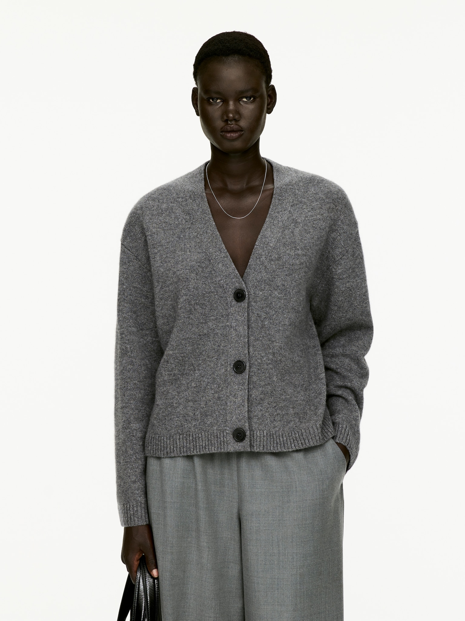 Cashmere-Wool Cardigan - Grey Melange/Black