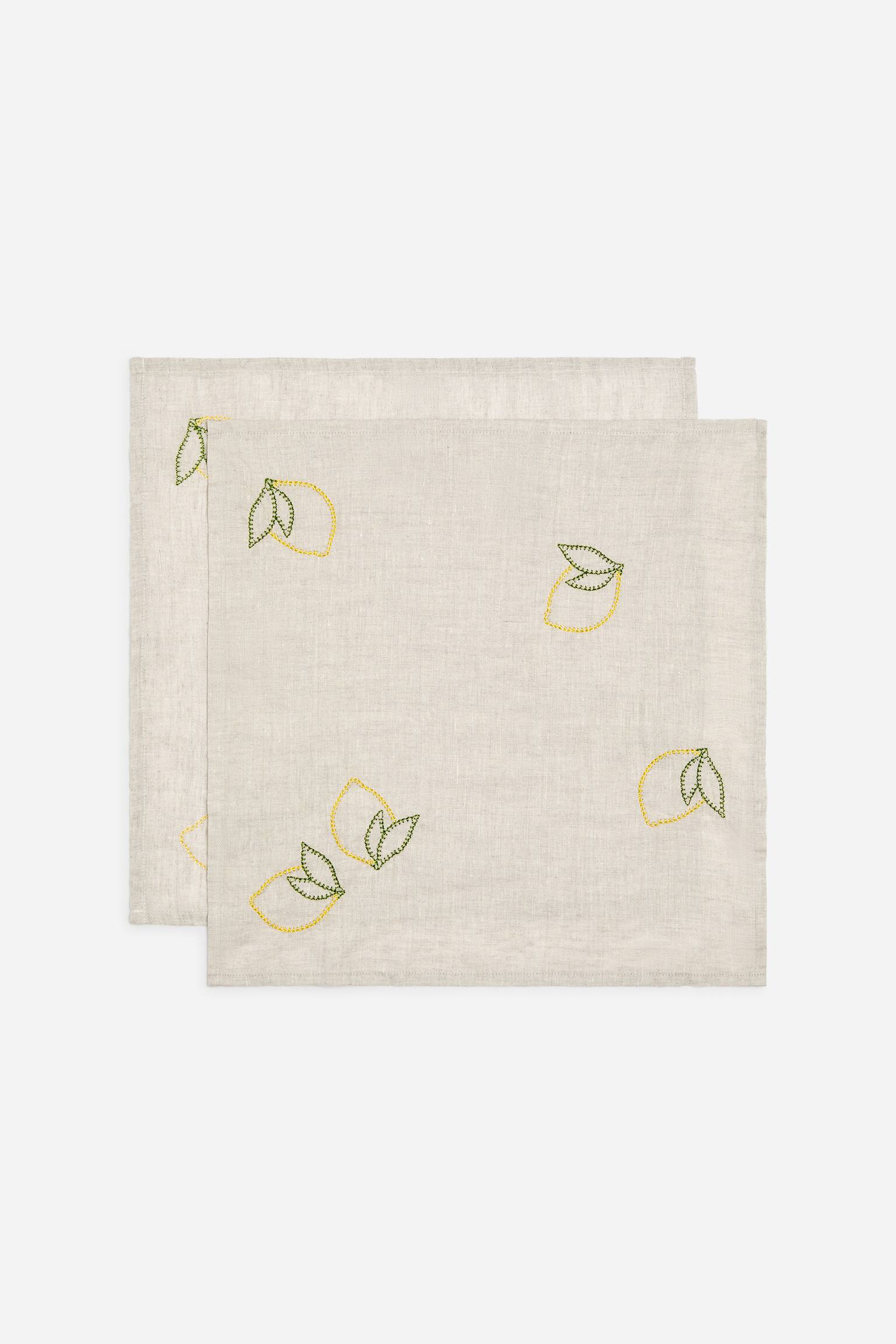 Σετ 2 λινών πετσετών με κέντημα - Μπεζ/Λεμόνια/Μπεζ/Ψάρια - 1