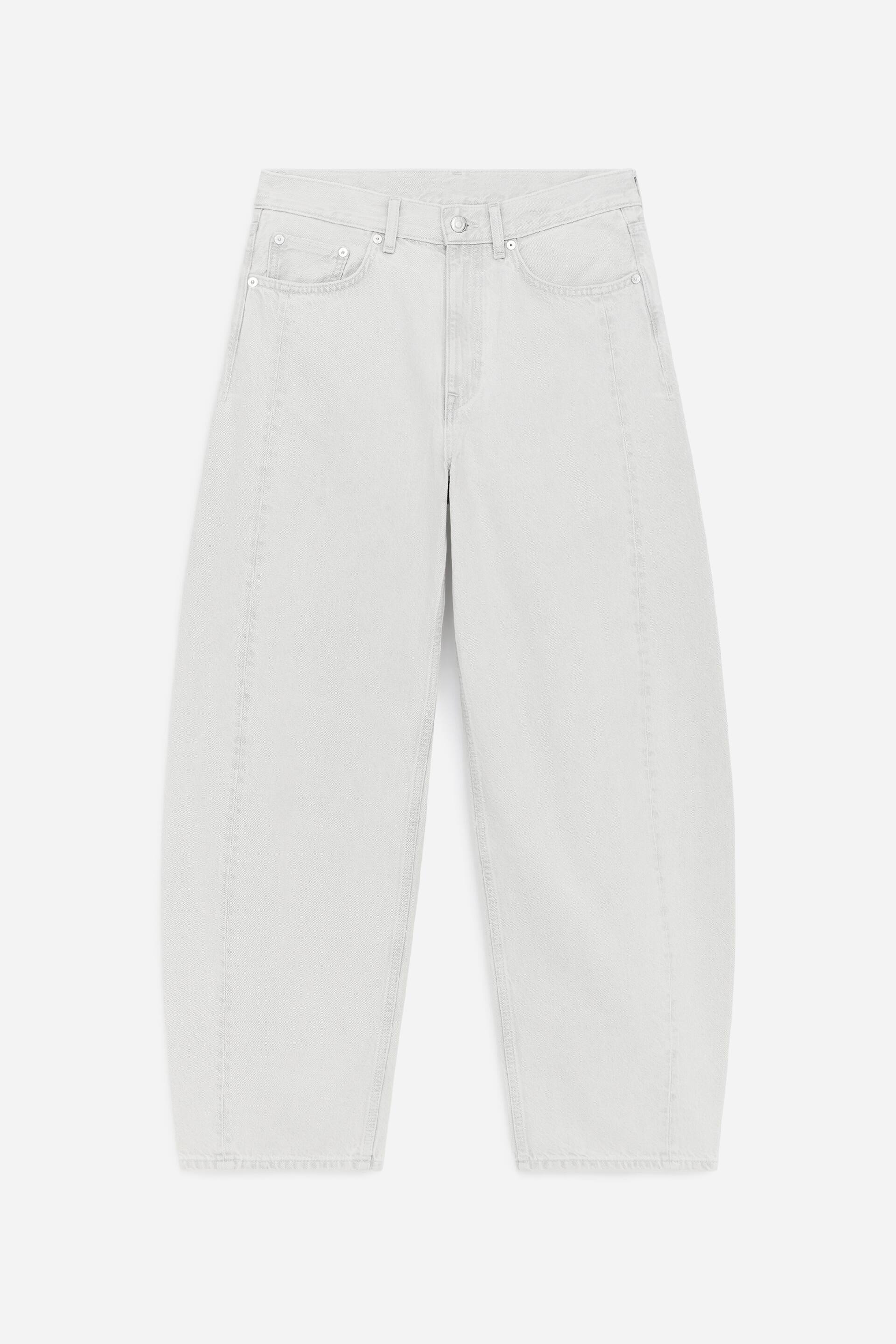 View larger image: The FRONT of light grey non-stretch denim jeans is being displayed, featuring a mid-rise waist with belt loops, a button, and a zip fly. It showcases a relaxed fit with sculpted, cropped legs, visible front seams, and front pockets.