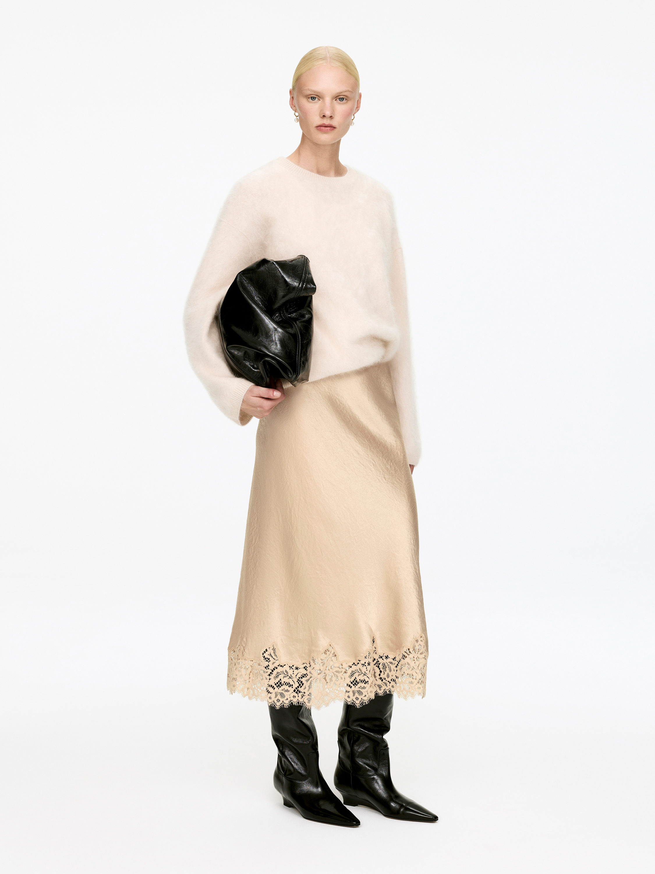 Lace-Detail Satin Skirt-#D1C2AC-17219