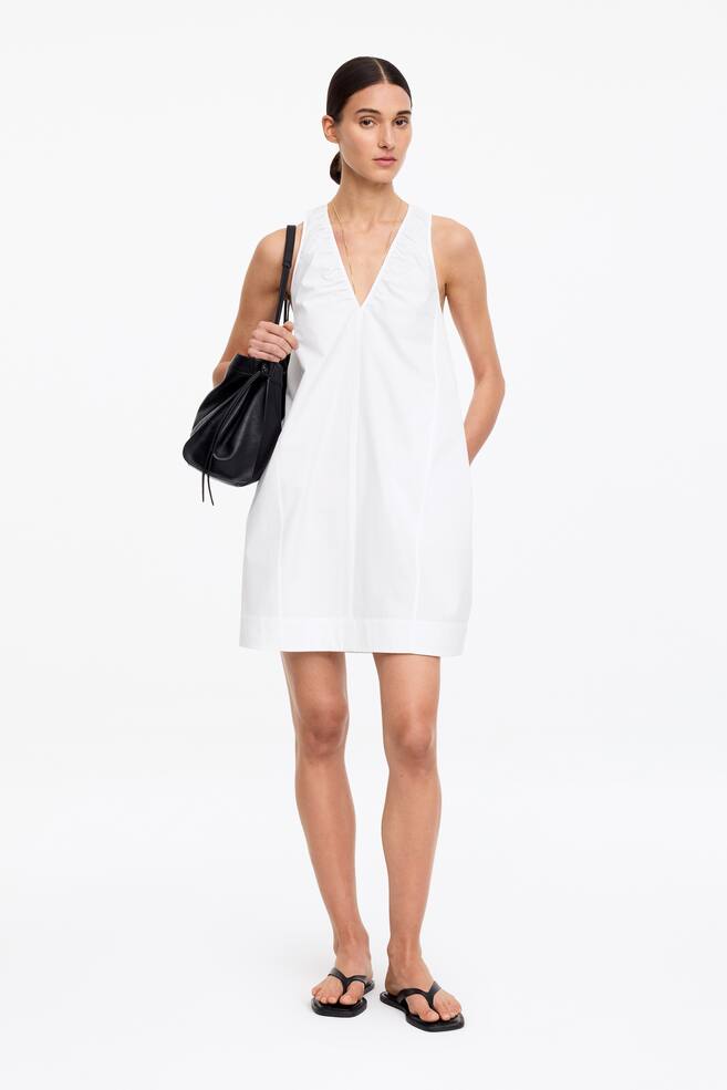Gathered V-Neck Dress - White/Red/Brown - 2