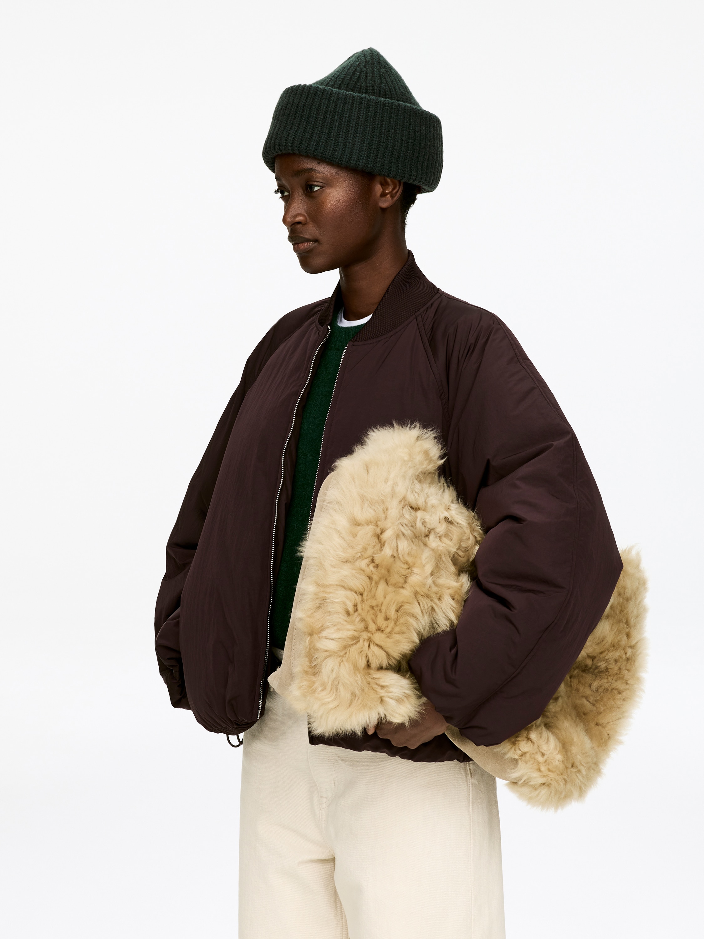 Double-Fold Wool Beanie - Dark Green/Mole Melange/Black