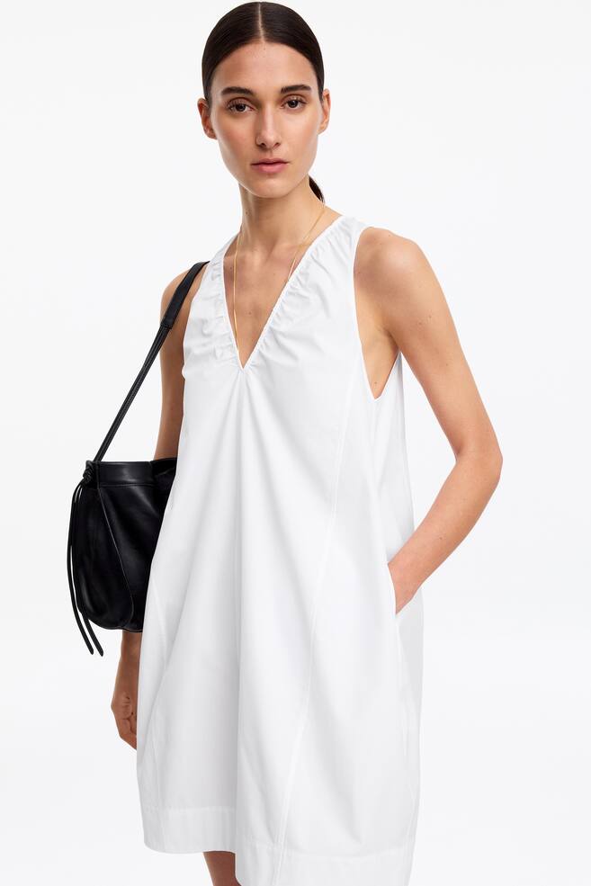 Gathered V-Neck Dress-White - 3