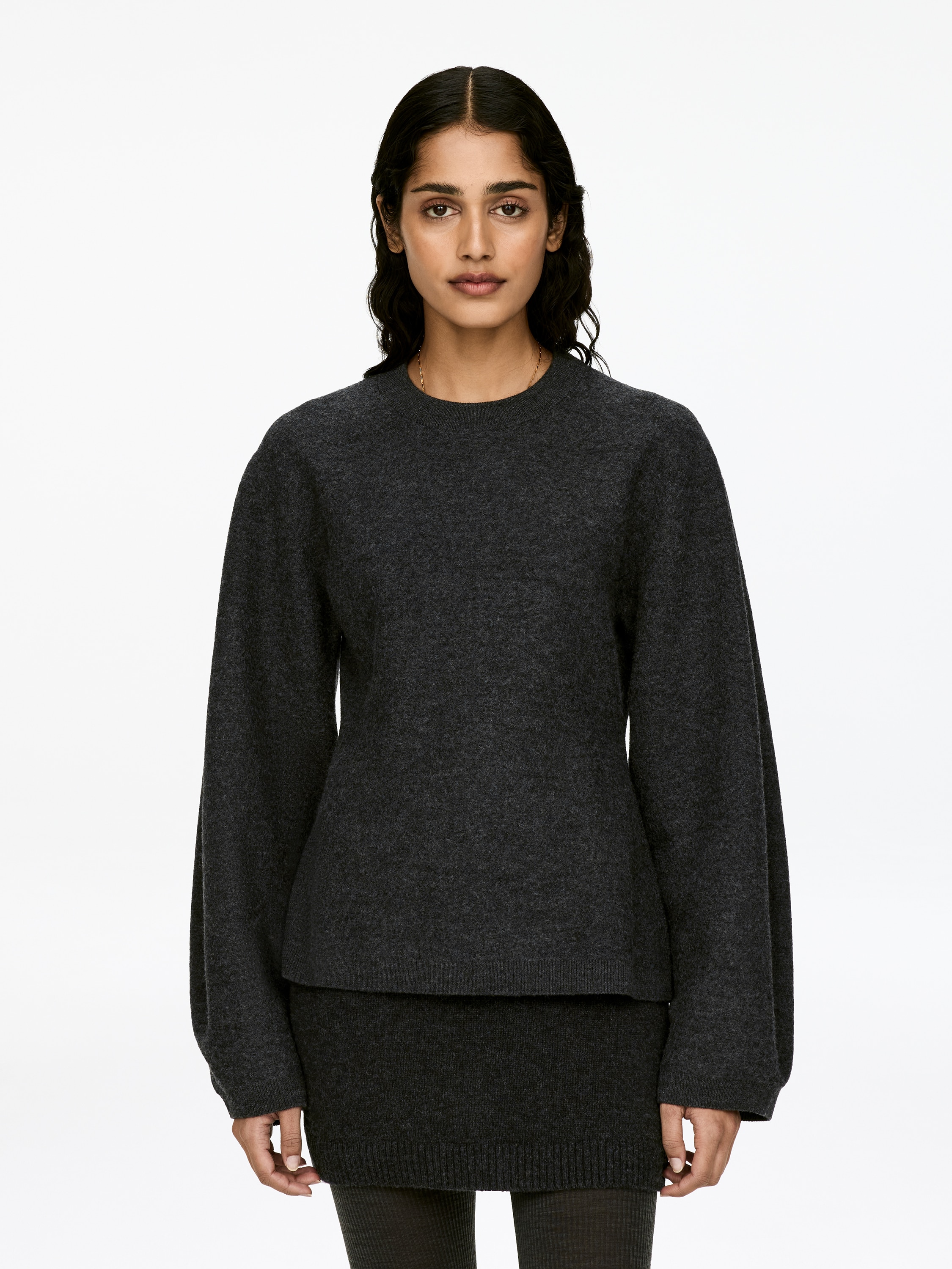 Пуловер от варена вълна - Тъмносив меланж/Прашно розово