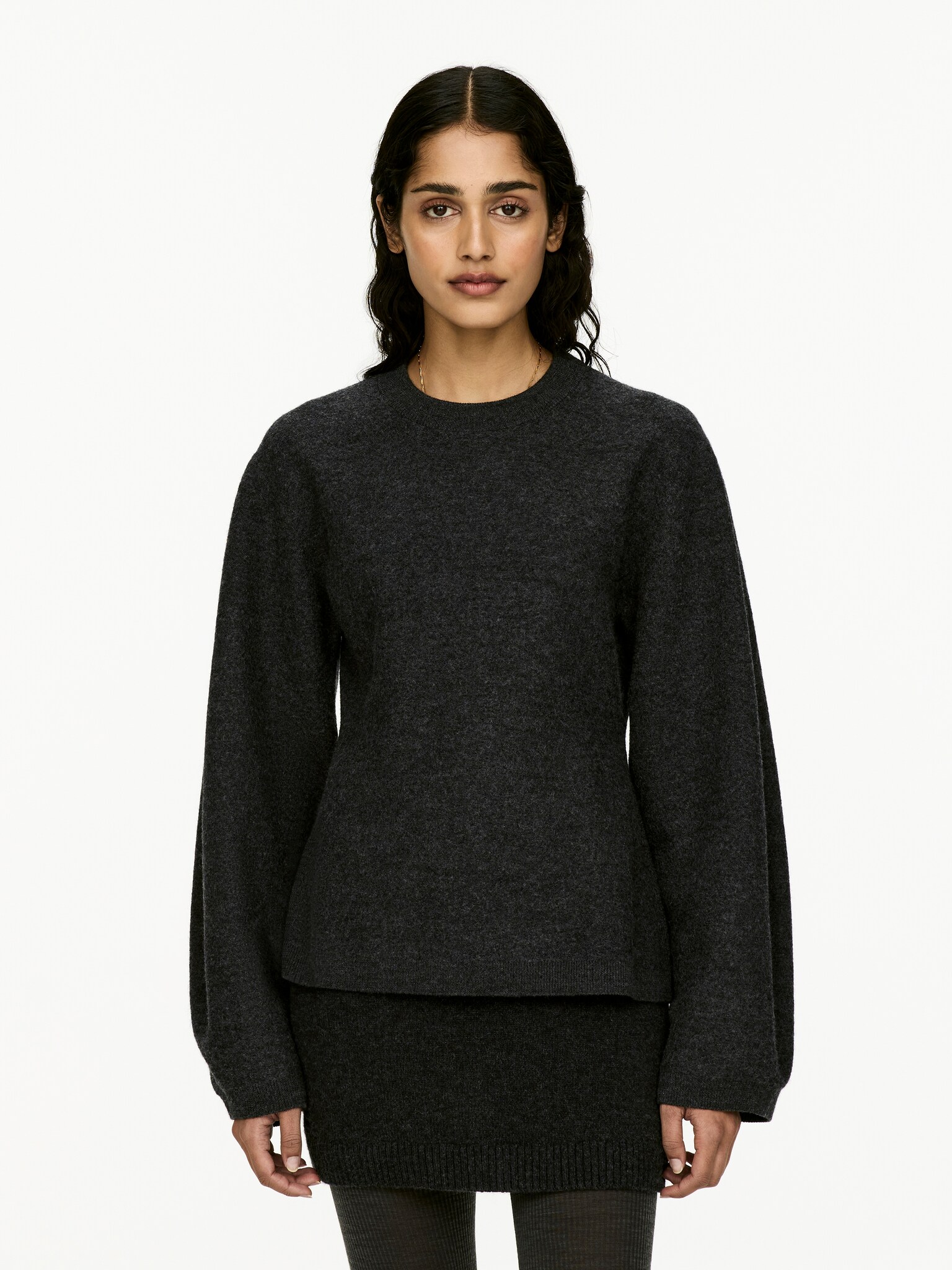 Pullover aus Wollwalk - Dunkelgrau meliert/Altrosa