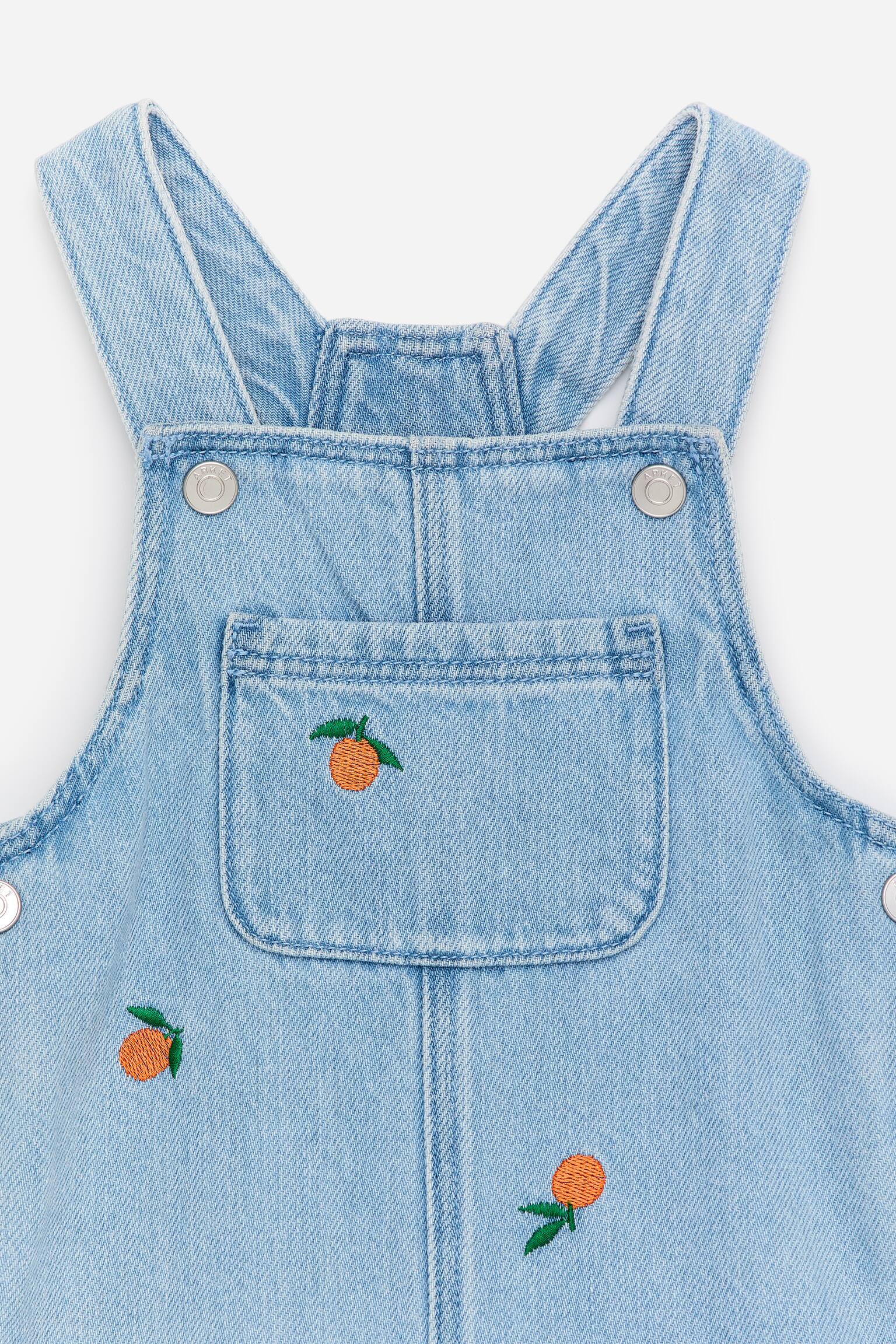 Embroidered Denim Dungaree Shorts - Blue/Oranges - 2