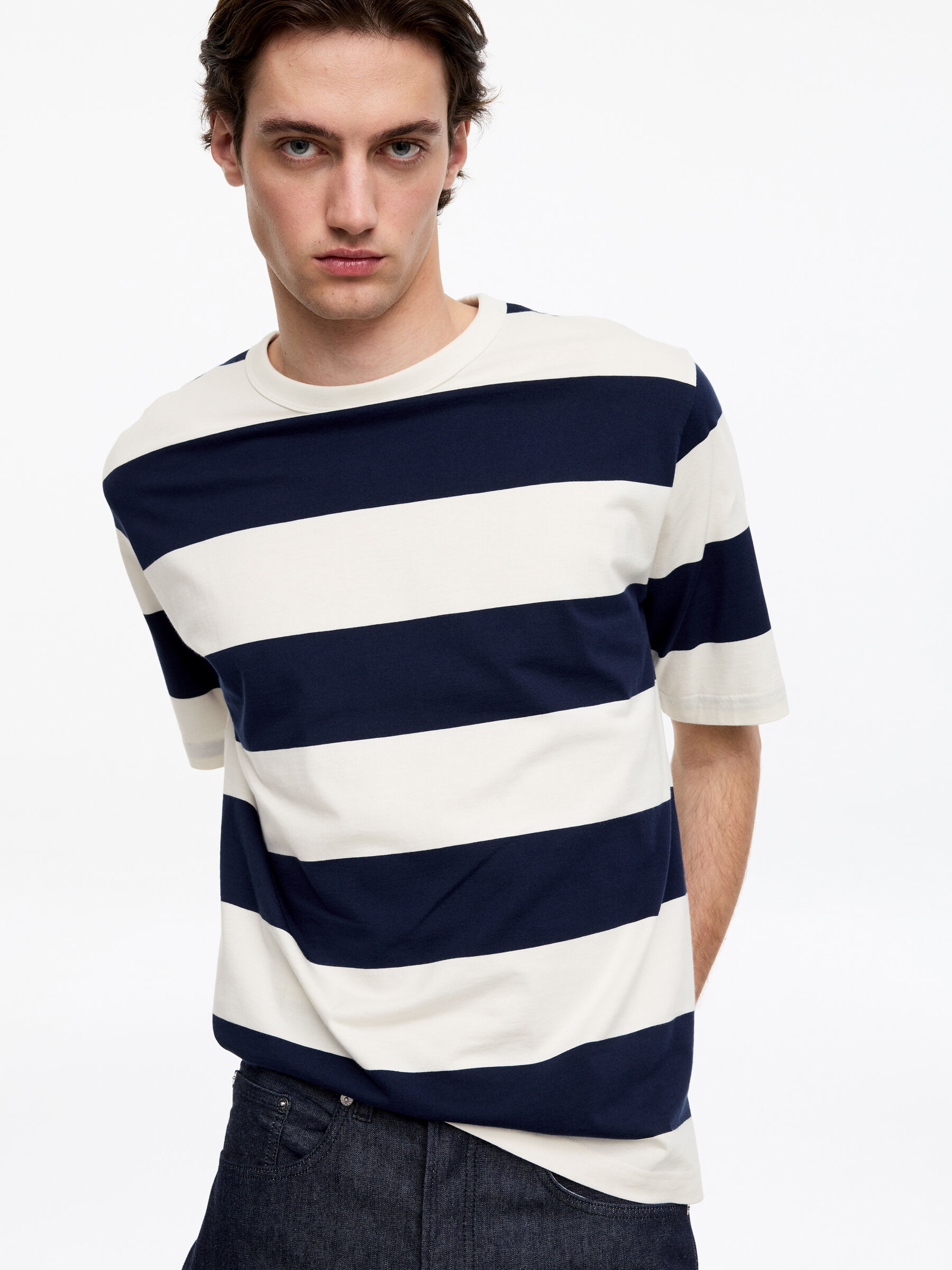 Luźny bawełniany T-shirt - Niebieski/biały - Fason swobodny - Men - StillMedia/Lookbook - 2