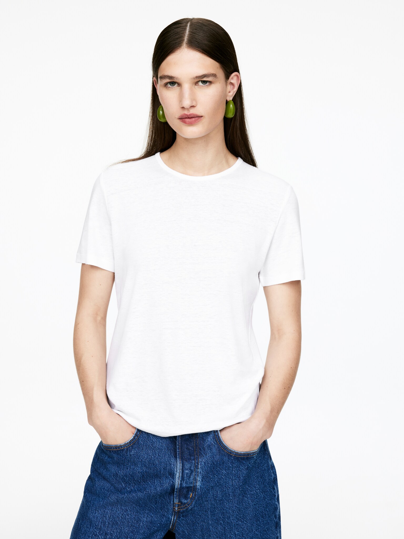 Linen-Blend T-Shirt - White/Dark Blue - 6