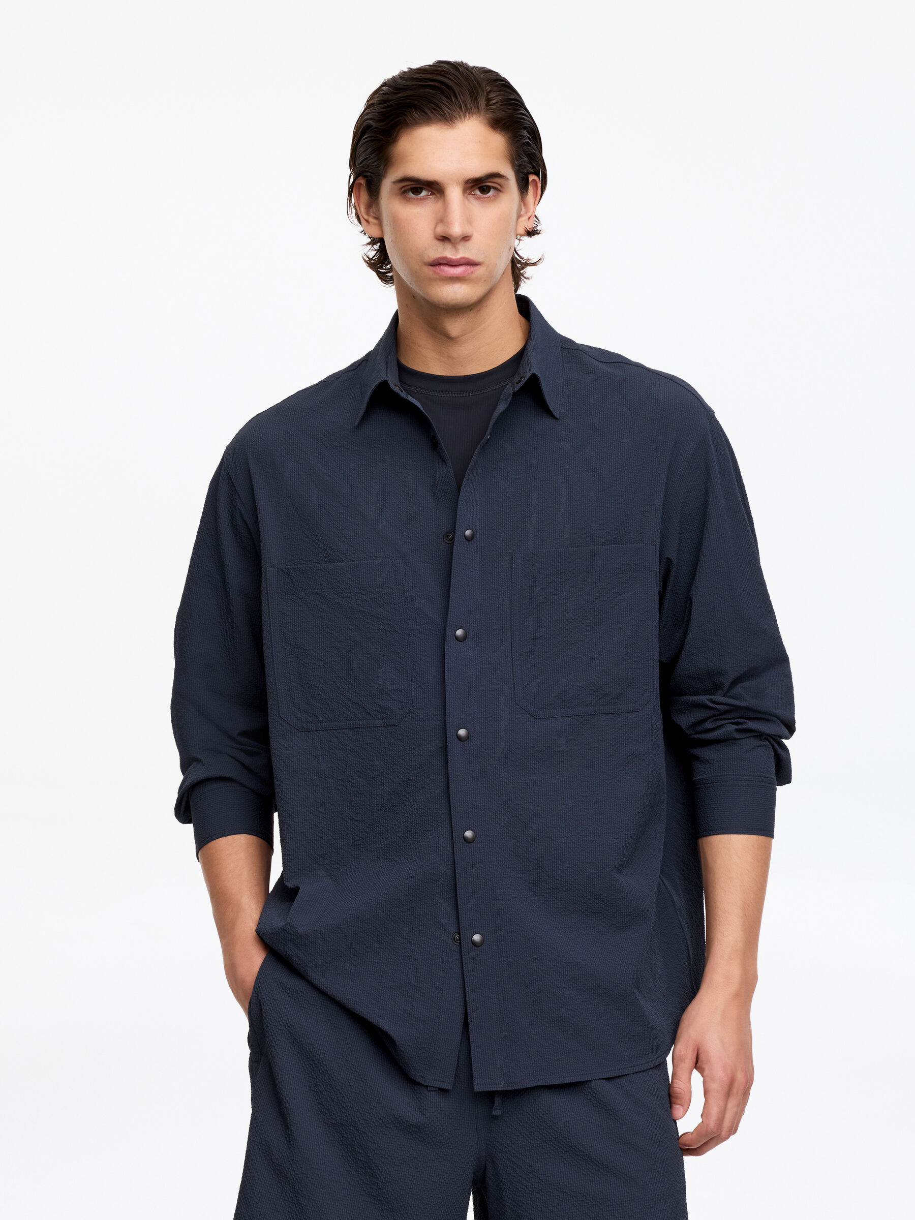 Chemise technique en seersucker - Bleu marine foncé - Regular fit - Homme - StillMedia/Lookbook - 2