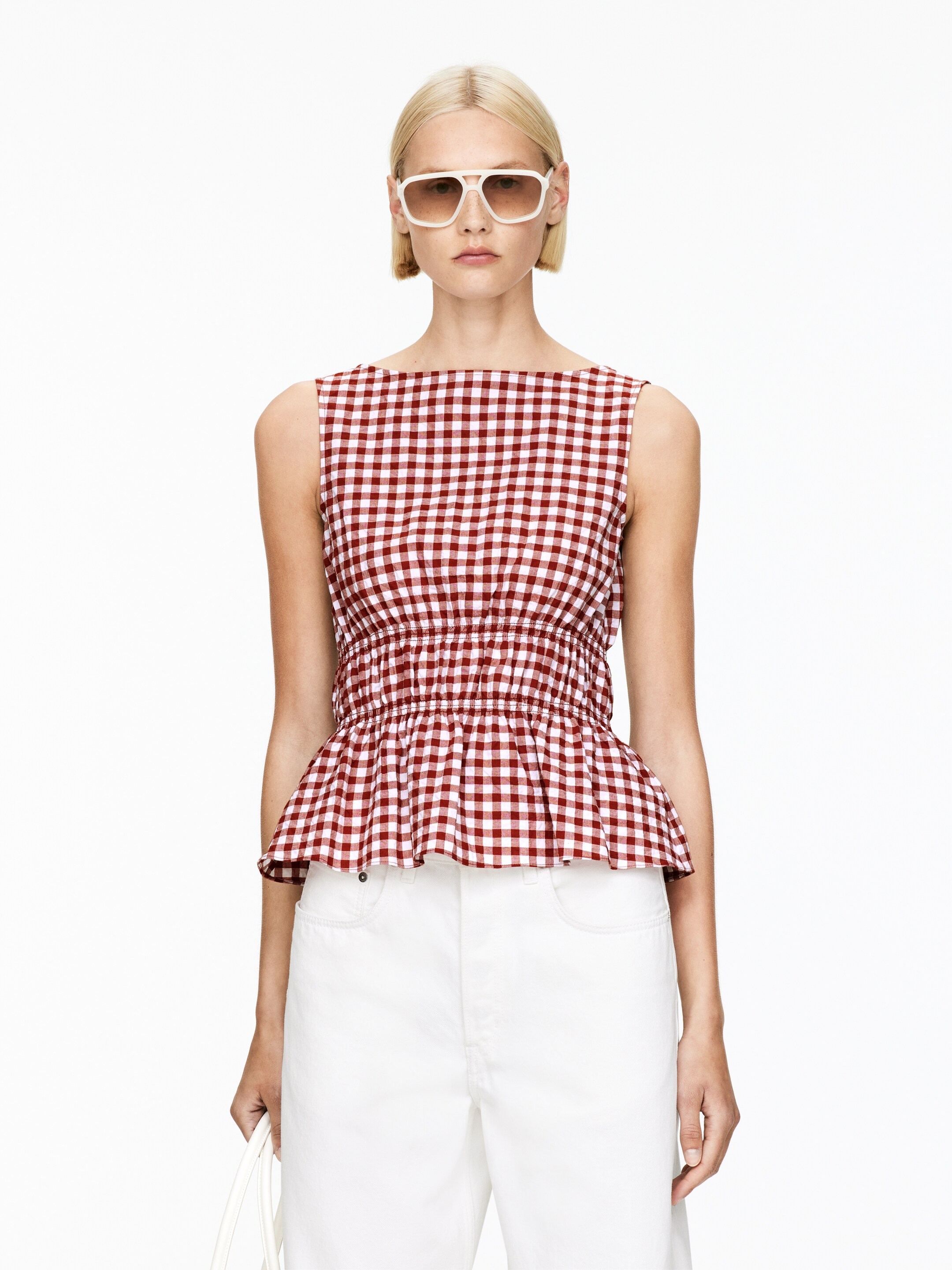 Ver imagem maior: Top com folhos em anarruga - Ferrugem/Branco - SENHORA | H&M PT 1