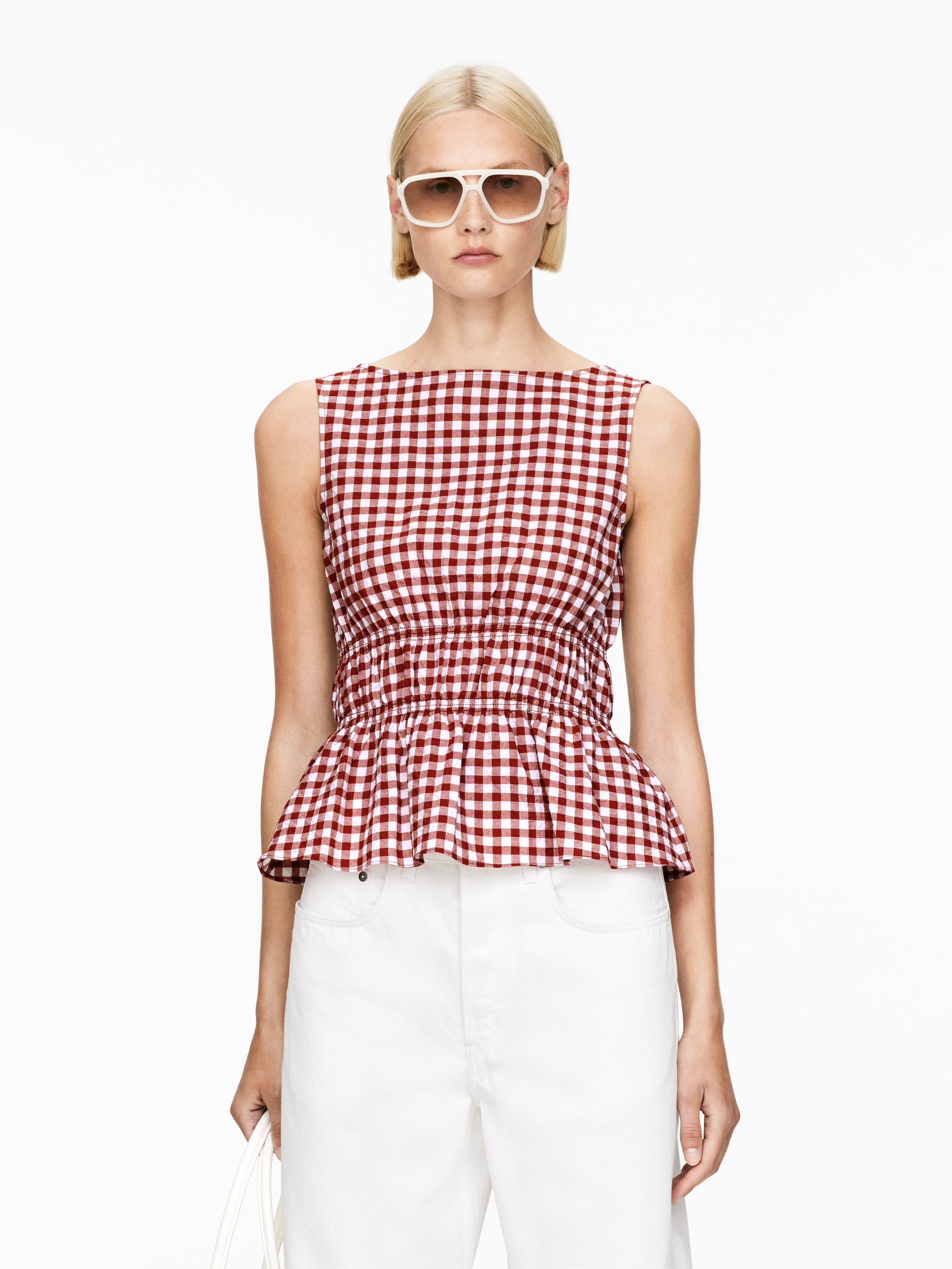Vezi imaginea mai mare: Top smock seersucker - Ruginiu/Alb - FEMEI | H&M RO 1