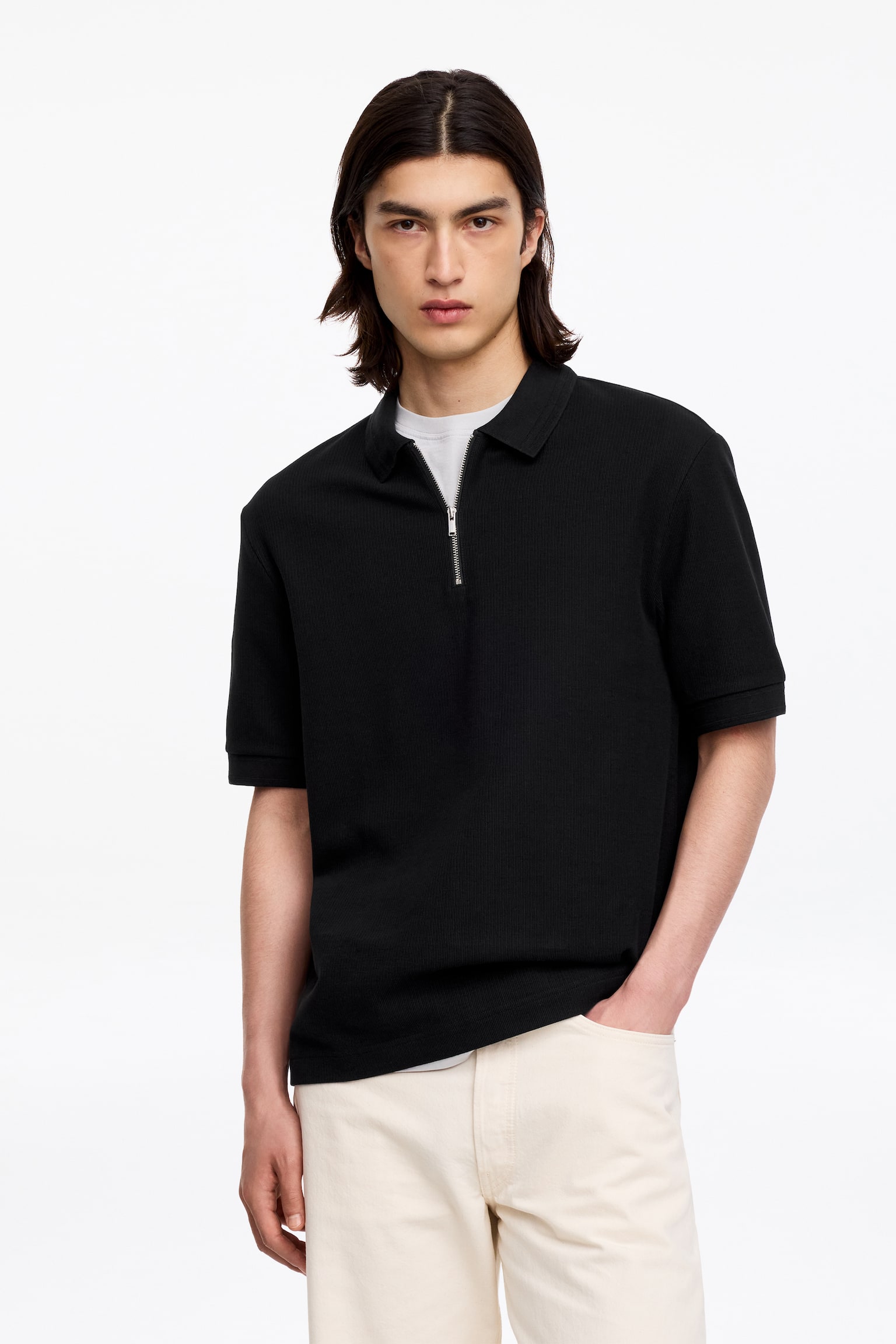 Poloshirt med lynlås - Sort - 1