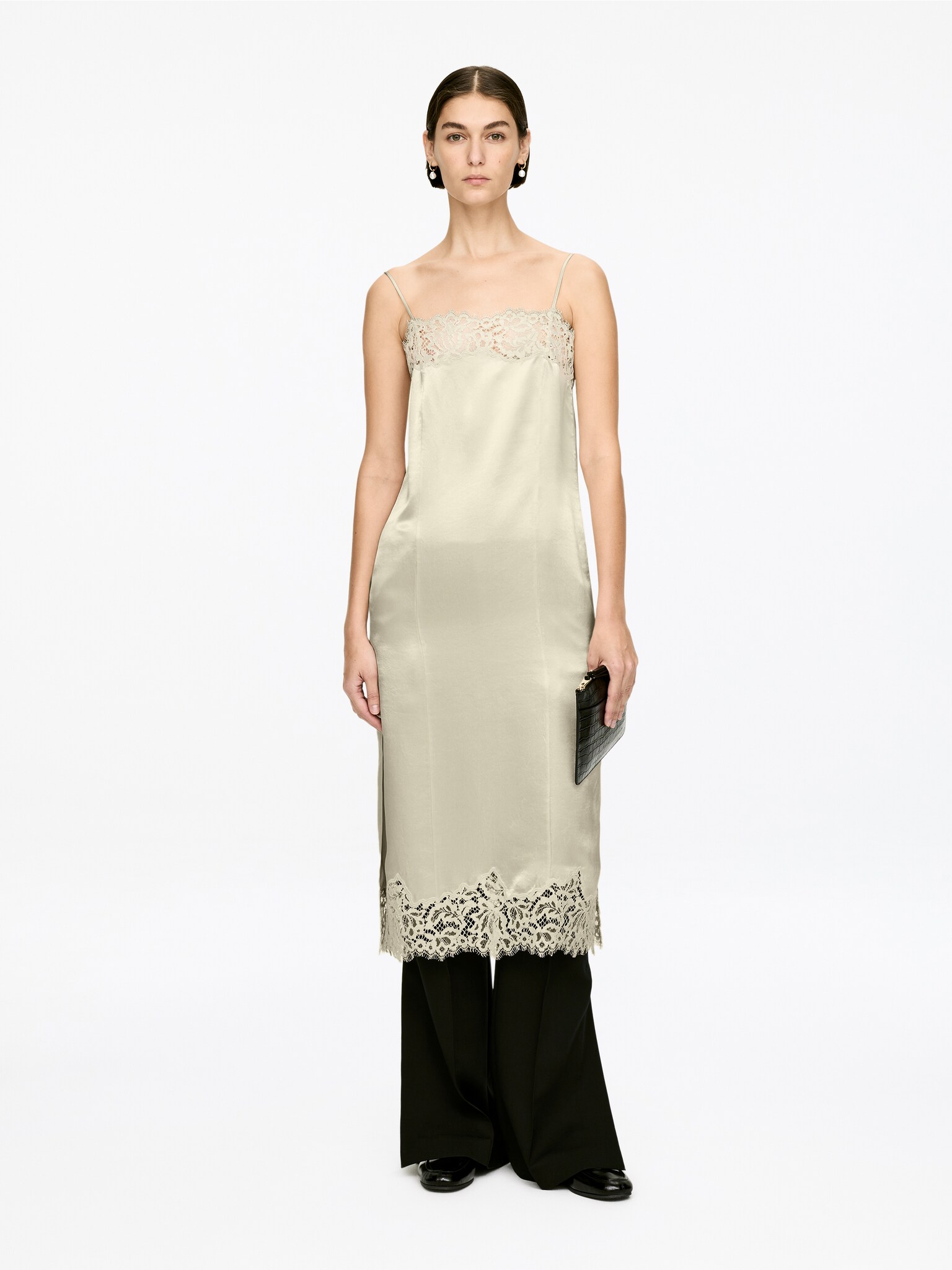 Vestido de tirantes con detalles de encaje - Beige claro