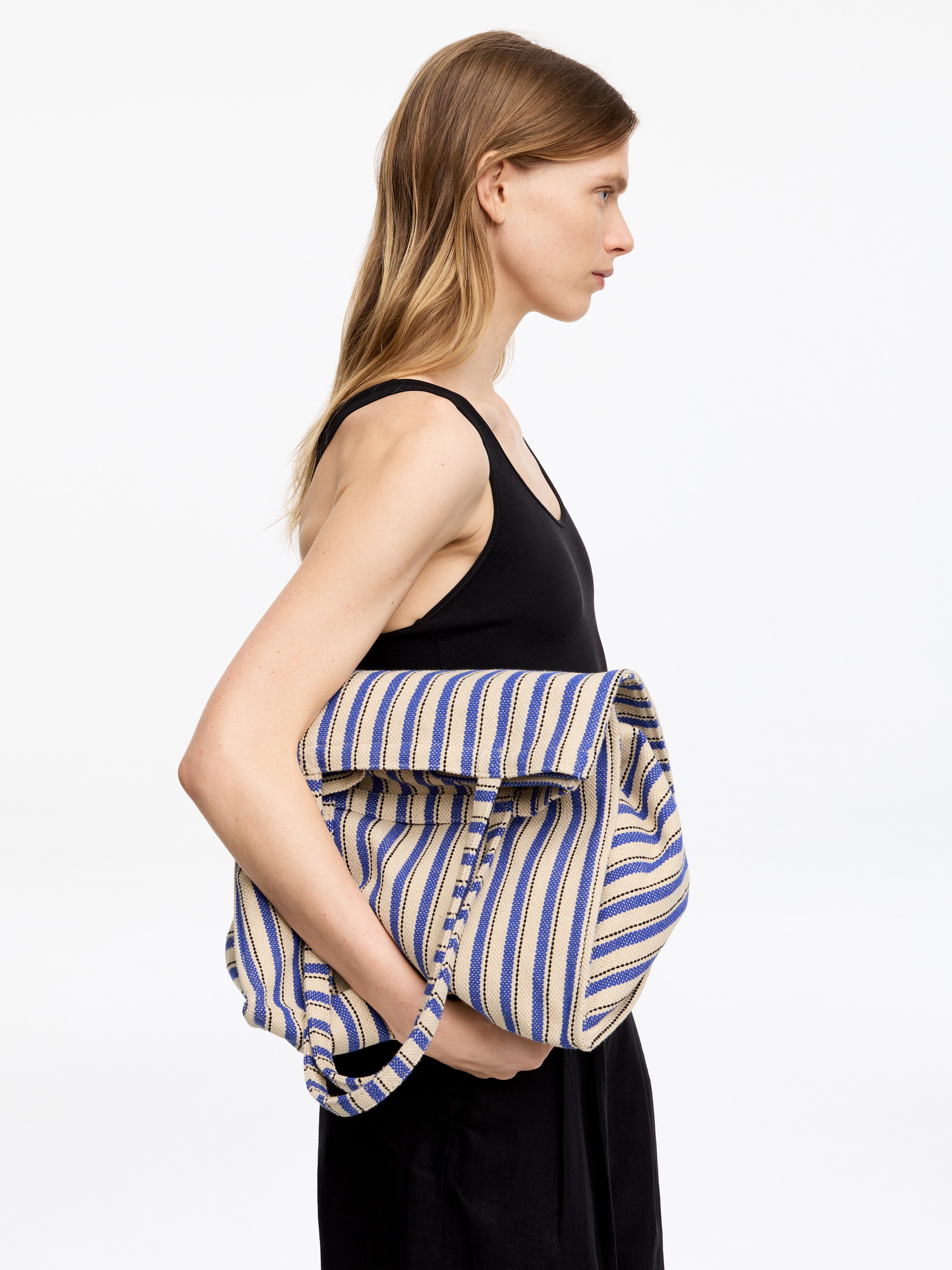 Tote bag i lærredsstof - Blå/råhvid/Sort/råhvid